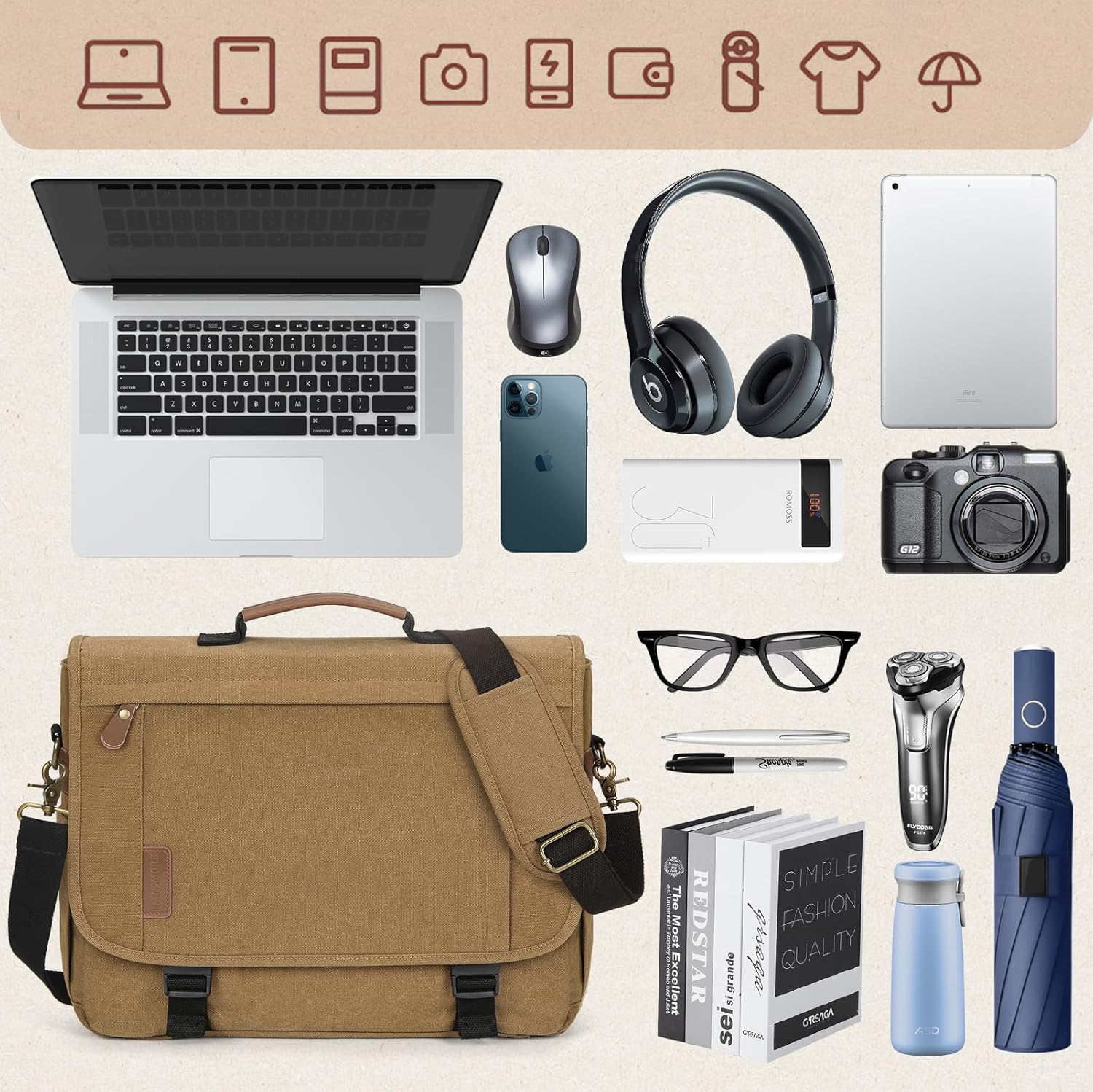 Messenger Bag for Men 17-17.3 Inch Laptop Bag Water-Resistant Canvas Computer Shoulder Bag Office Work Briefcase Large Casual Satchel Bags for Men Bookbag for College - Khaki image number 6