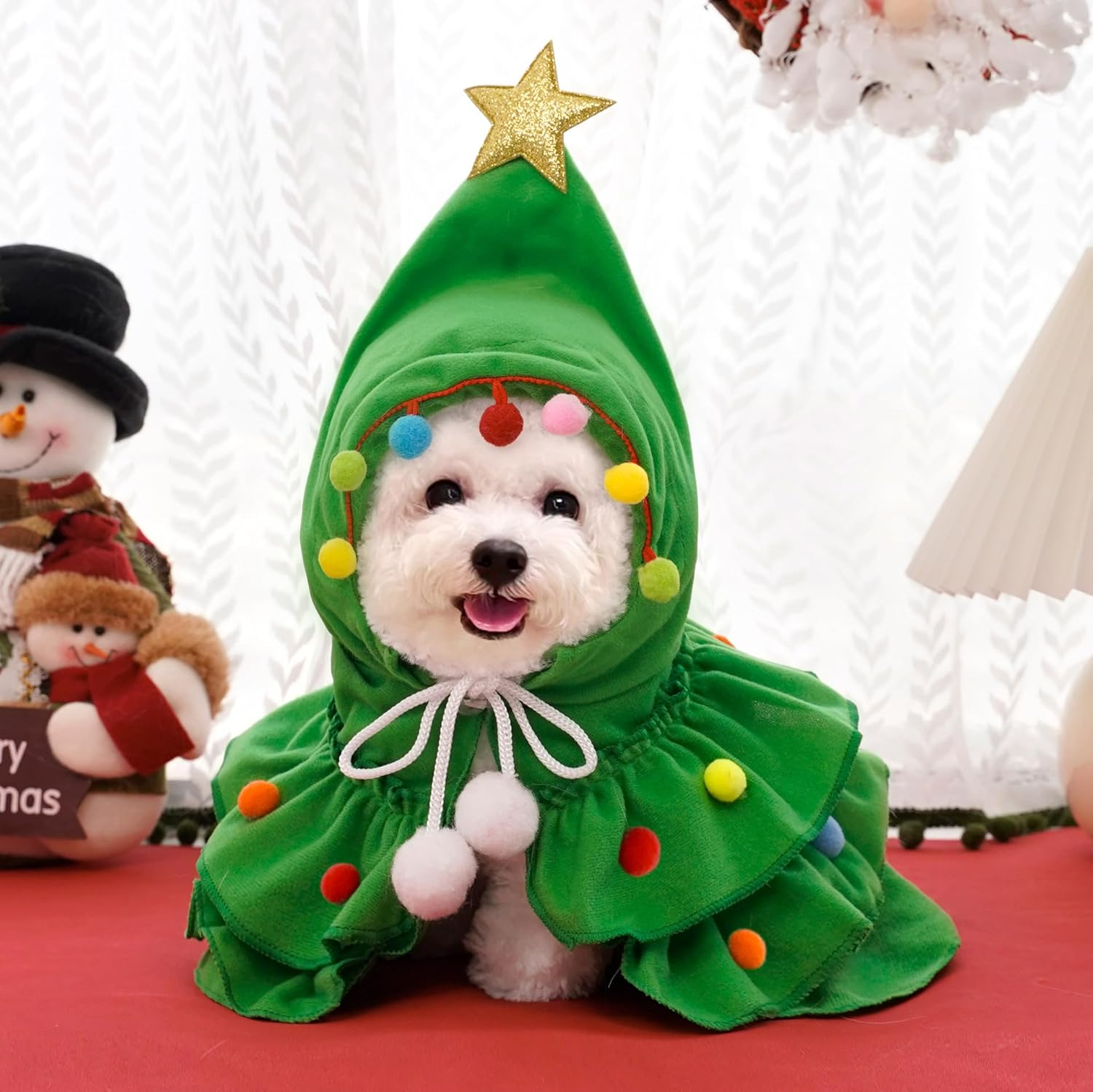 Cat Christmas Outfit Green Pet Cloak with Hat with Star and Pompoms Puppy Cape Clothes Xmas Tree Elf Costumes Party Pet Supplies Accessories for Small Dogs Cats Pet Santa Presents image number 5
