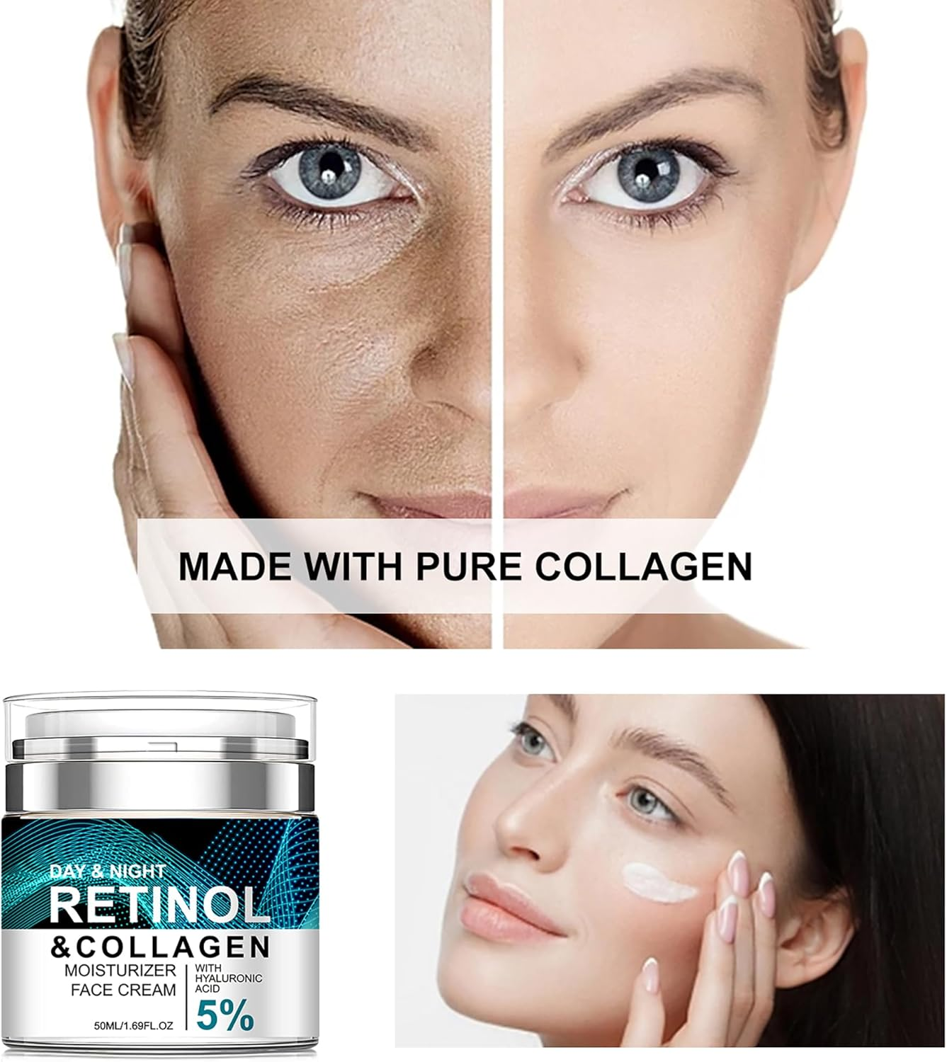 Retinol Cream Anti-Aging for Face with Collagen & 5% Hyaluronic Acid - Reduces Wrinkles & Dark Circles,Lifts & Firms Skin,Day and Night Moisturizer for All Skin Types (50Ml) image number 4