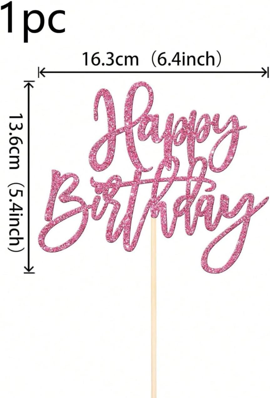 Glitter Happy Birthday Cake Topper - Different Colour Options, Party Decoration, Office, Kid Party (Pink) image number 3