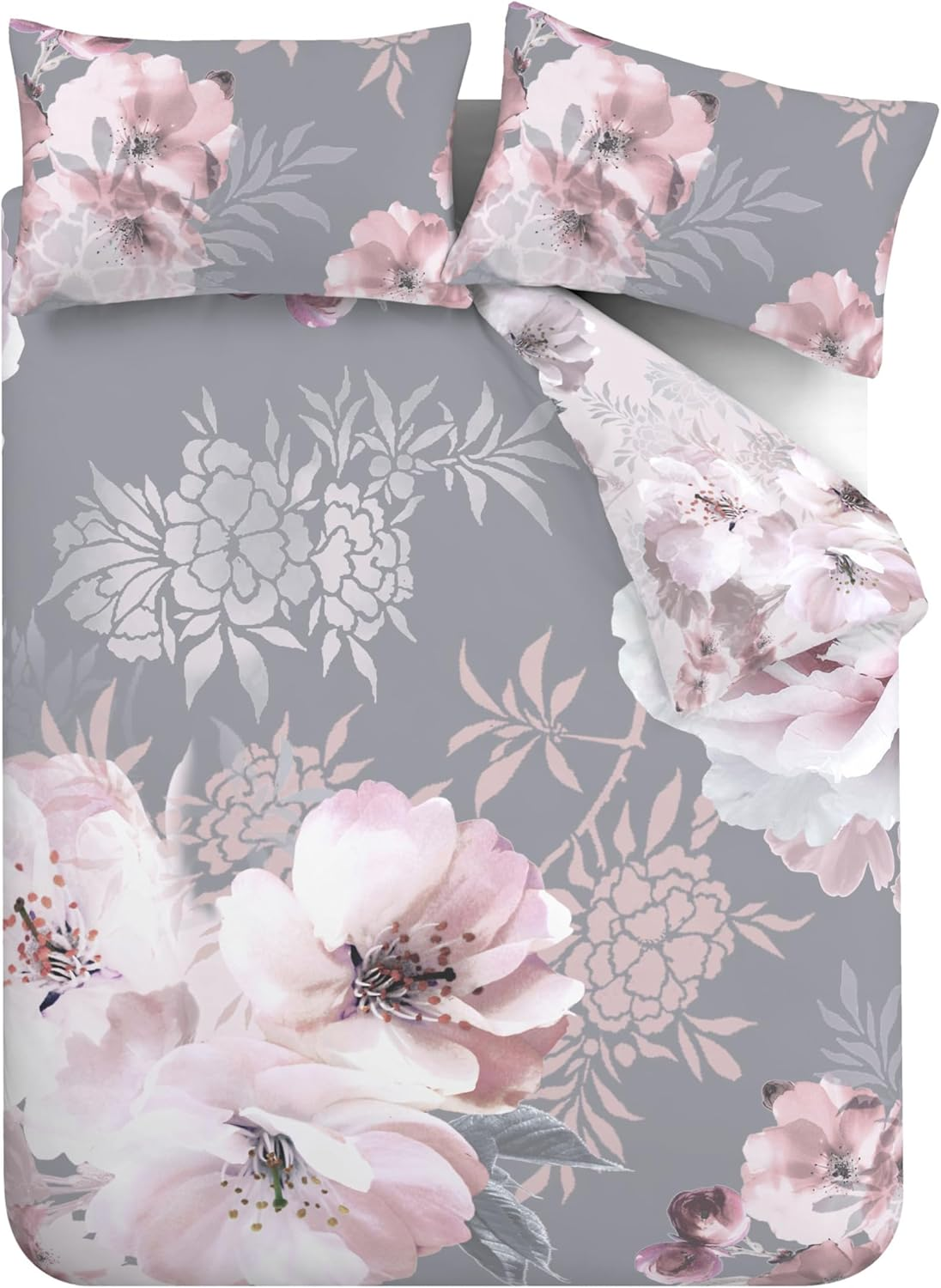 Catherine Lansfield Dramatic Floral Reversible Double Duvet Cover Set with Pillowcases Grey image number 4