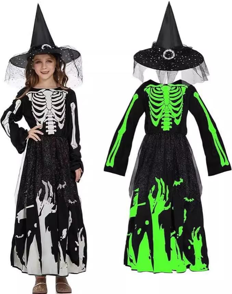 Halloween Skeleton Witch Costume with Pointed Hat,Glow in the Dark,Halloween Holiday Dress Long Sleeve for Girls