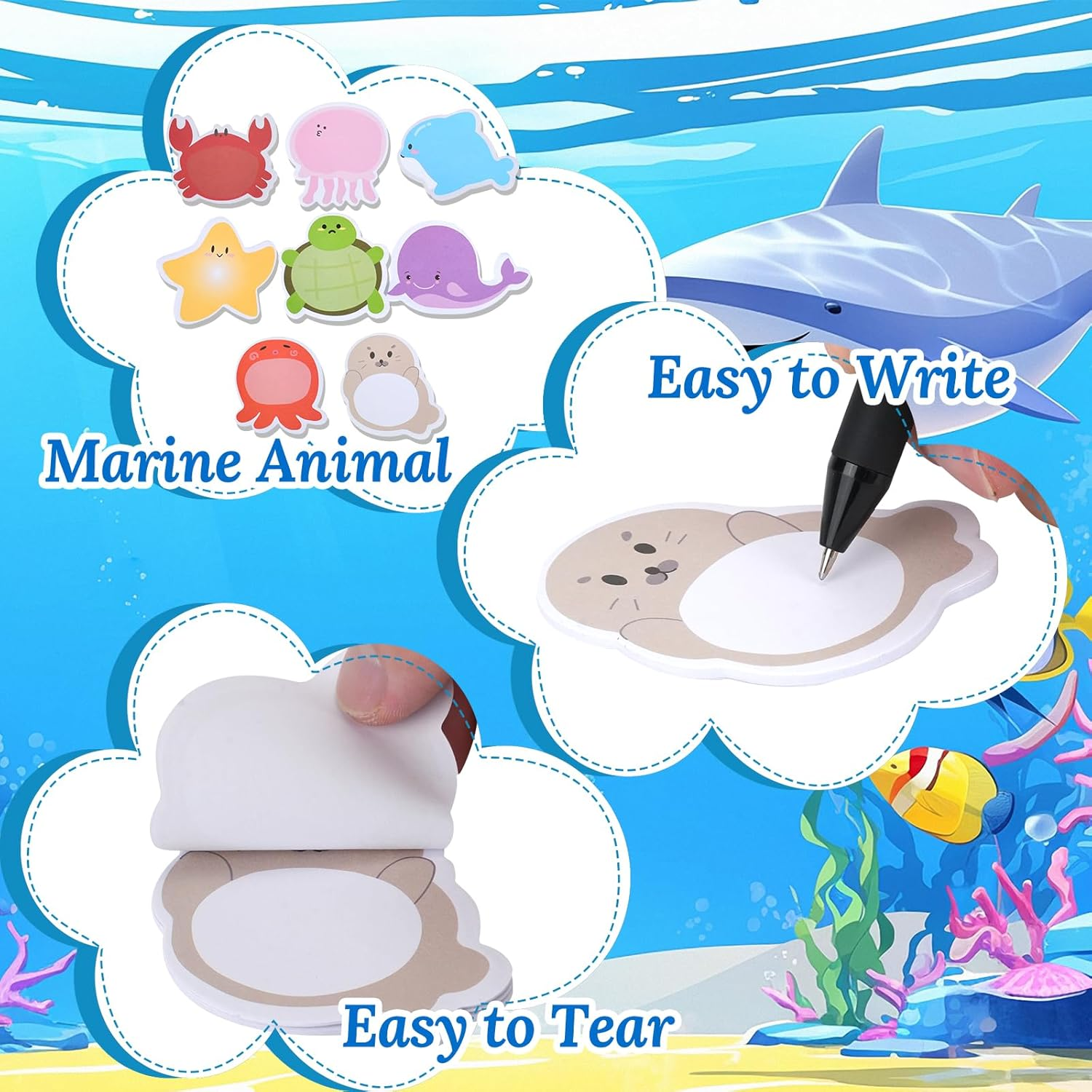 32 Pack Ocean Animal Sticky Notes, Total 640 Sheets 8 Styles Self-Stick Sea Animals Shaped Sticky Note Pads Bulk, under the Sea Removable Self Adhesive Memo Pad (32Pc Sea Animal) image number 5