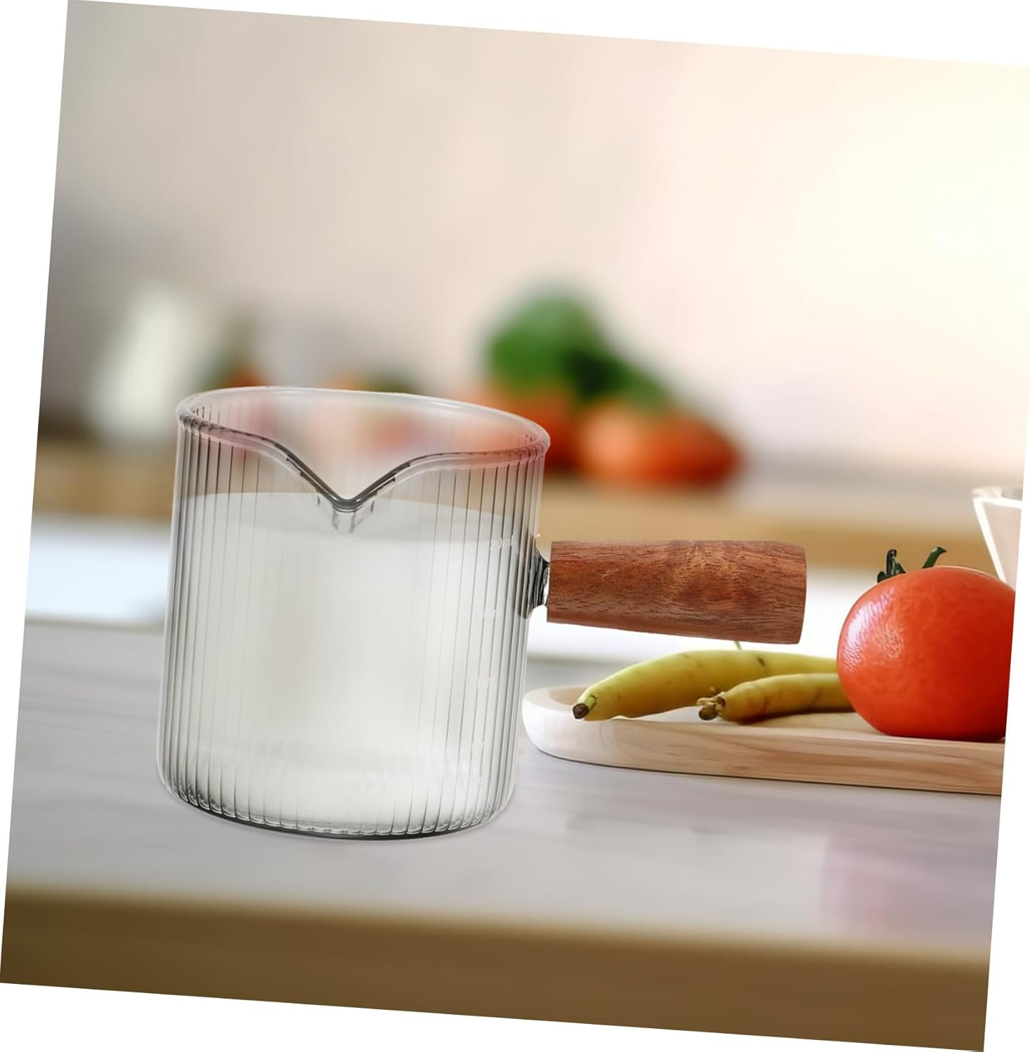 OFFSCH Heat-Resistant Espresso Glass Milk Pourer with Comfortable Wooden Handle Mini Measuring Cup for Coffee Latte Tea and Hot Brewing Easy-Pour Spout for Home and Travel Use image number 4