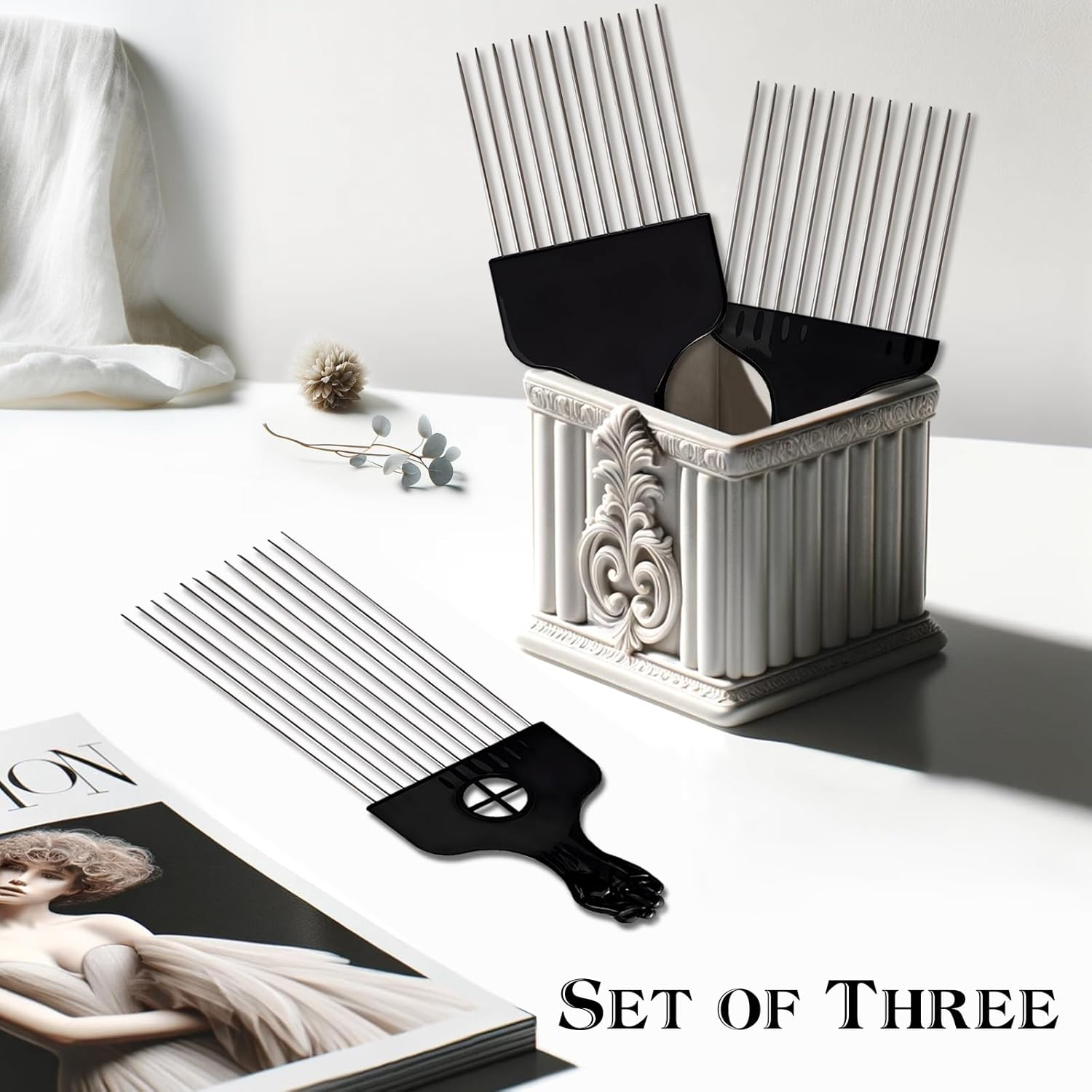 Stylish 3-Piece Black Metal Afro Hair Pick Set: Stainless Steel Wide-Tooth Combs with Classic Fist Design, Essential for Curly & Afro Hair Care and Styling image number 3