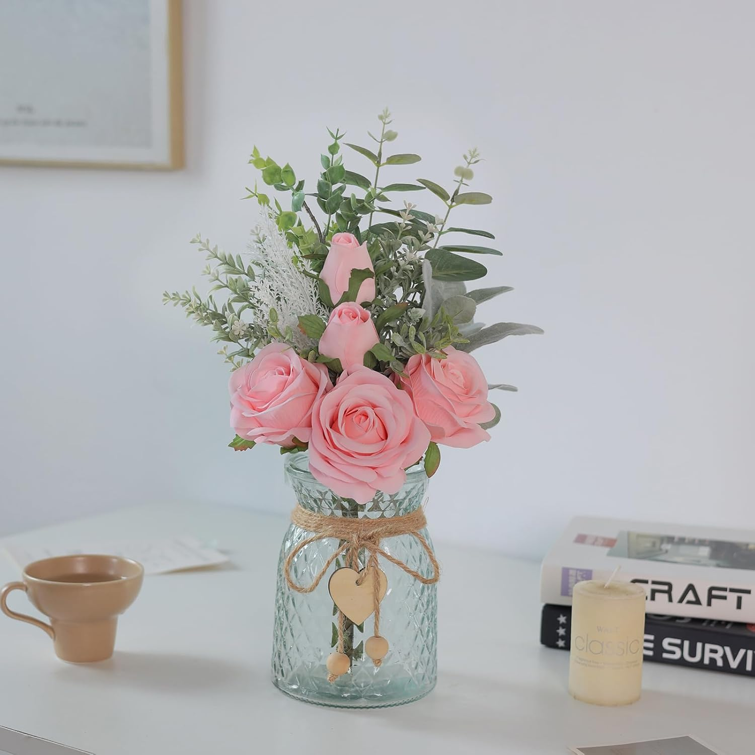 Faux Flowers with Vase,Artificial Silk Roses in Vase, Fake Plant Eucalyptus Flower Arrangement for Home Office Farmhouse Bathroom Dining Table Centerpiece Decorations Coffee Table Decor (Pink) image number 6