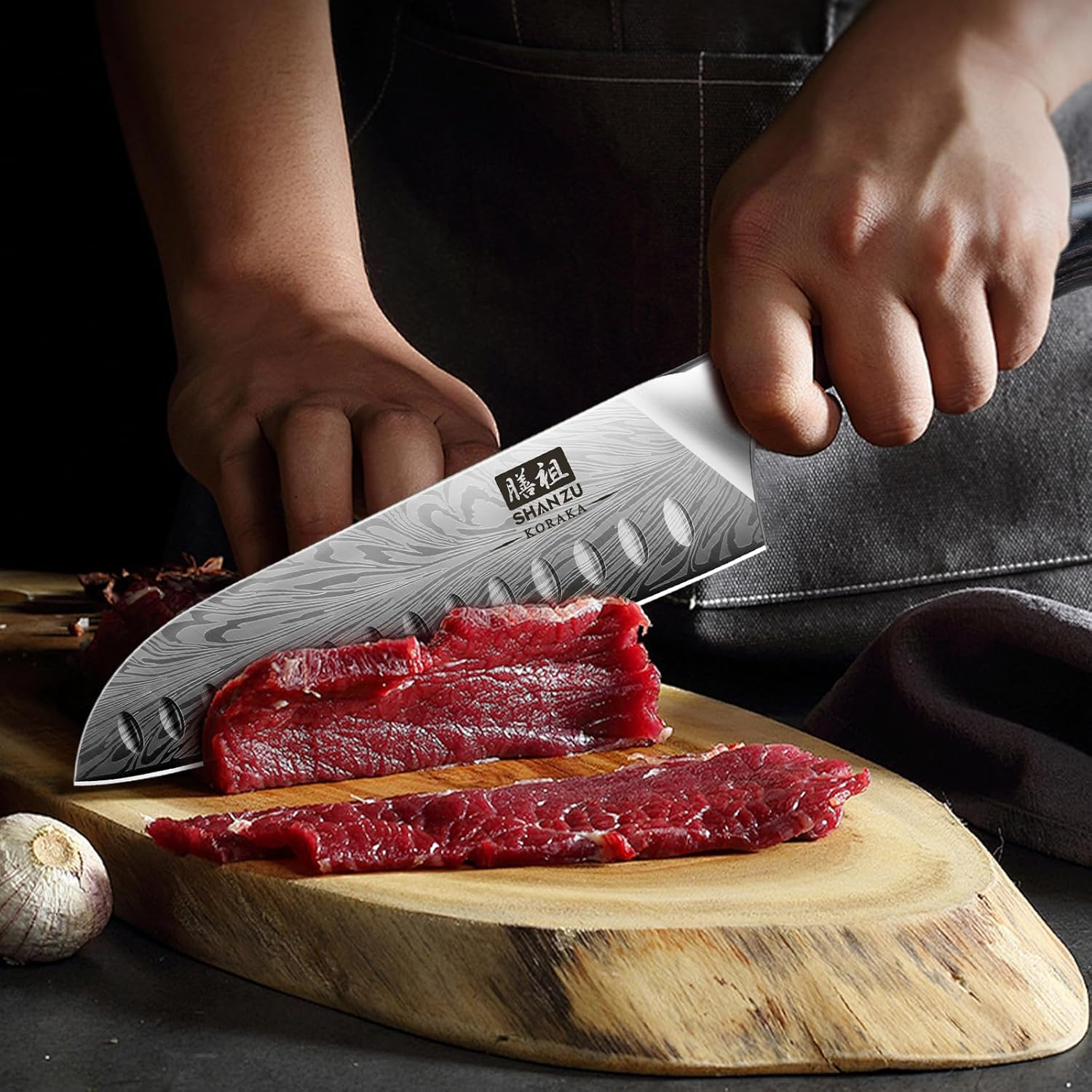 SHAN ZU Steel Powder Santoku Knife, 18Cm Professional Kitchen Kitchen, Super Sharp Japanese Santoku Knife Hard Steel, Vegetable and Meat Knife, Ergonomic Pakka Wood Handle - Kitchen Santoku Knife image number 3