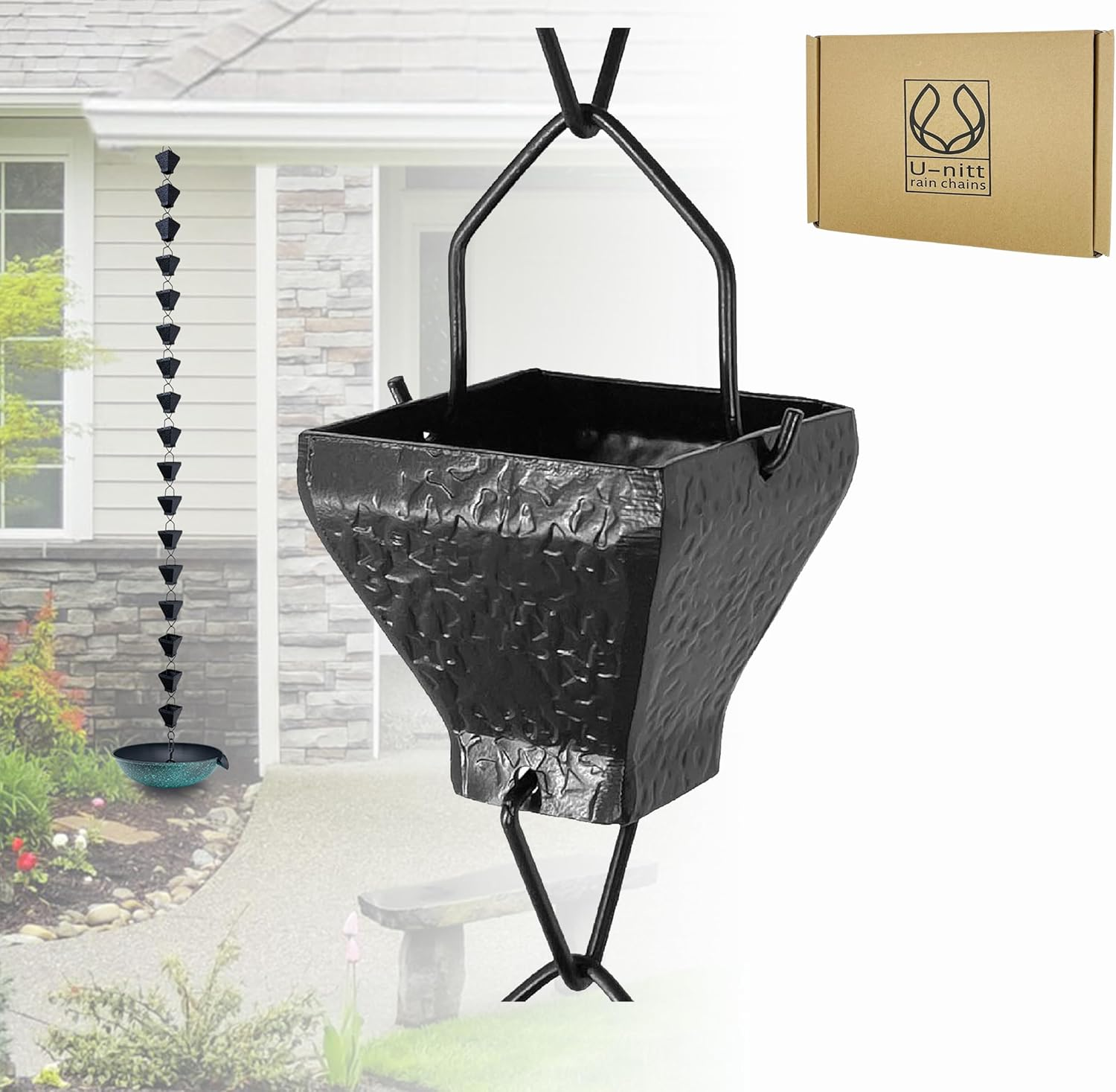 U-Nitt Rain Chain Water Collection for Gutters, Rainwater Catcher & Diverter, 8.5 FT Chains for outside Garden, Black Square Cups, Roof Downspout, Works with Heavy Rain, W/Gutter Clip for Rainchains
