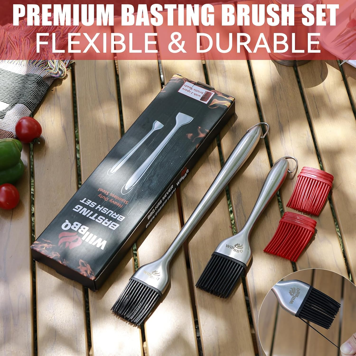 Willbbq Heavy-Duty Basting Brush Set &ndash; Stainless Steel Handle with Extra Silicone Bristle Heads for BBQ, Grilling & Cooking