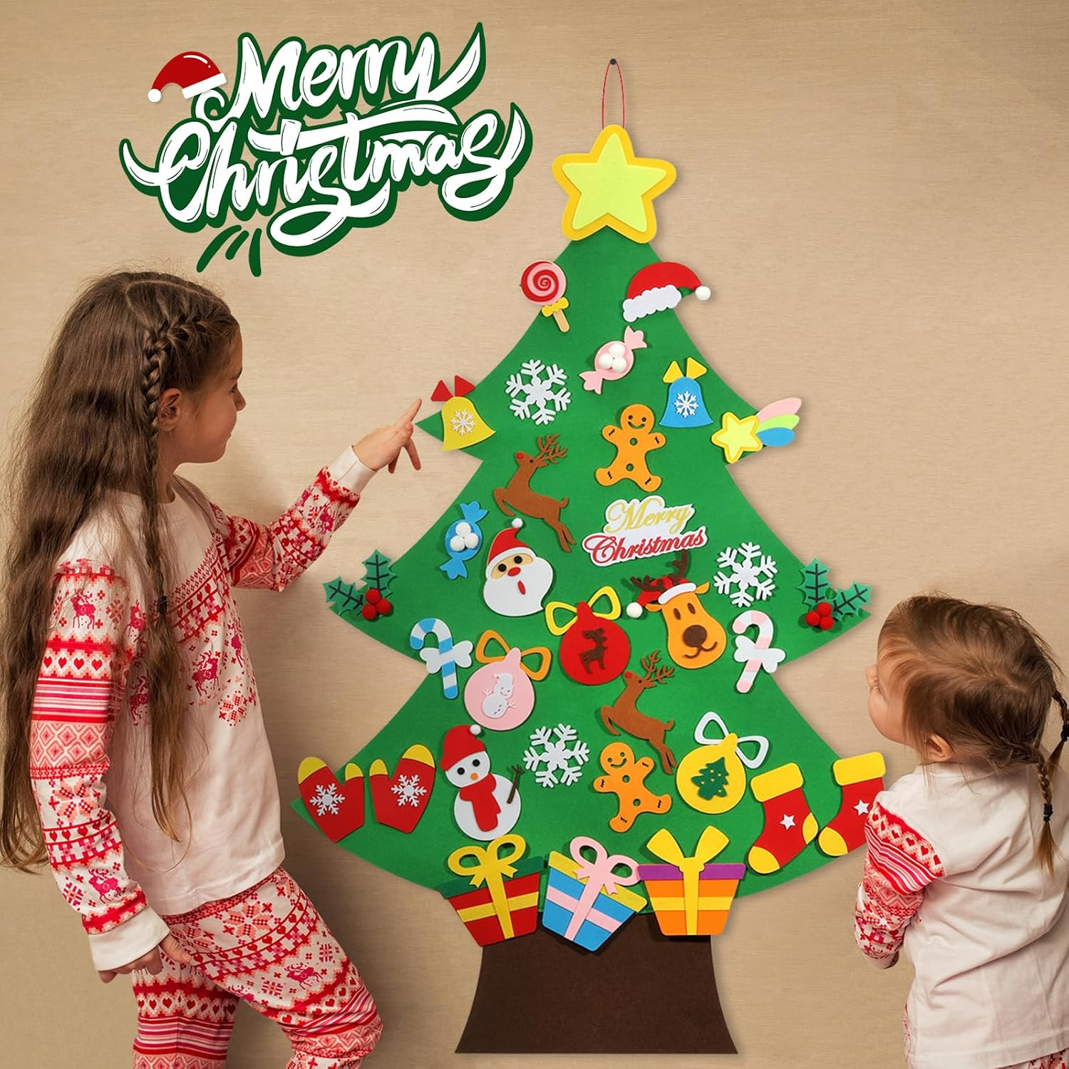 Hutikla Felt Christmas Tree - 3.6 FT 3D DIY Set for Kids with 33 Pieces of Ornament Decor, Wall Hanging Christmas Tree Decorations image number 4