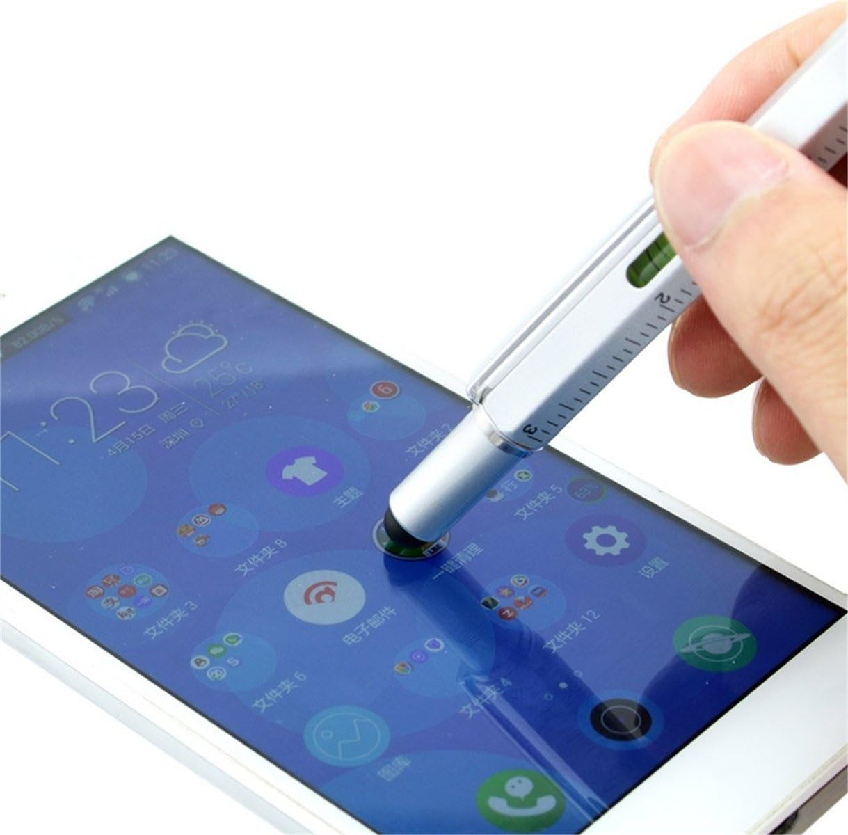 6 in 1 Tech Tool Pen with Ruler, Ballpoint Pen, Levelgauge, Stylus and 2 Screwdriver, Sturdy Aluminum Multifunction Tools Pen for Smartphones and Tablets (Silver) image number 4