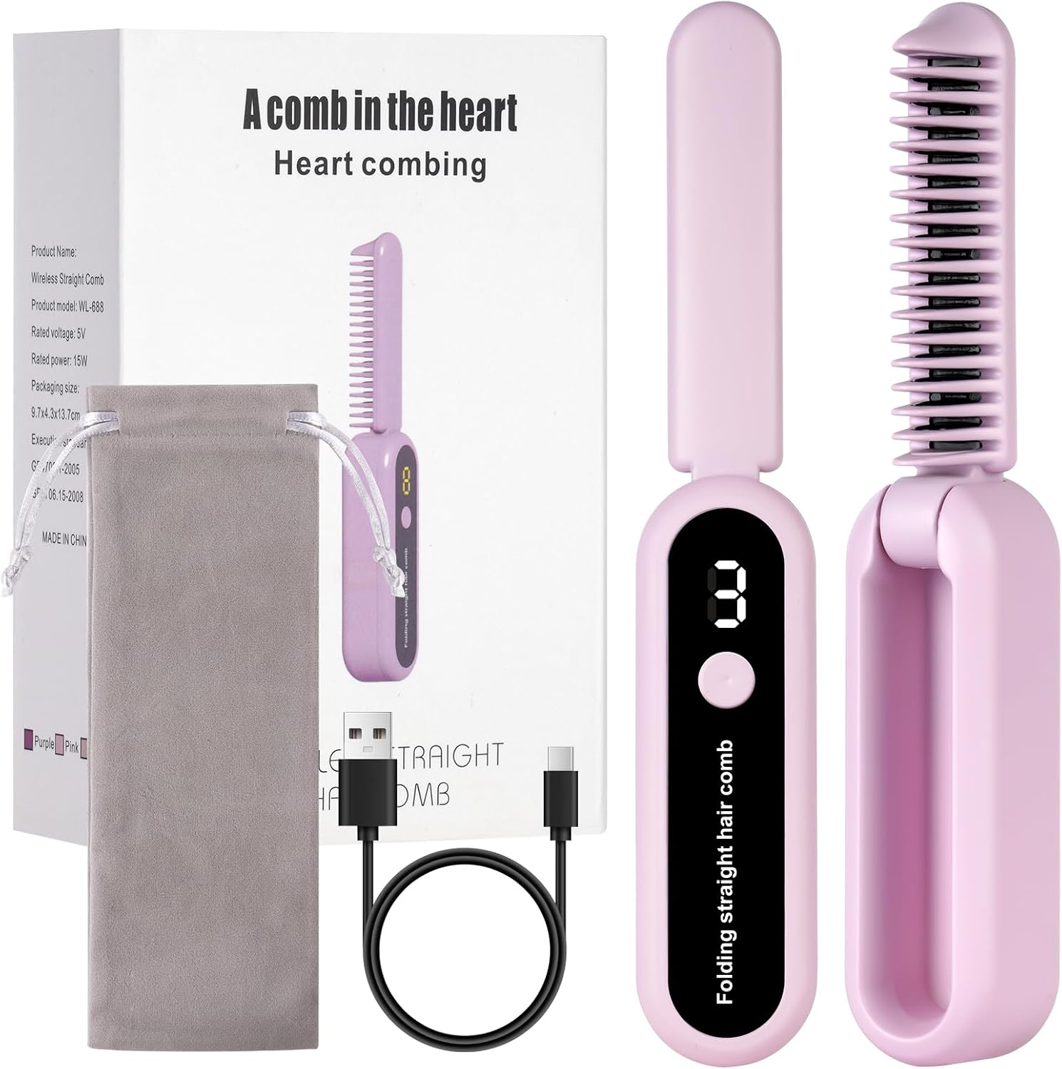 AOOWU Straightening Brush, Foldable Hair Straightener Brush, Beard Straightener for Men, Mini Electric Beard Straightener, Wireless Straightening Comb Prevents Hair Pulling, Quick Heating, 9