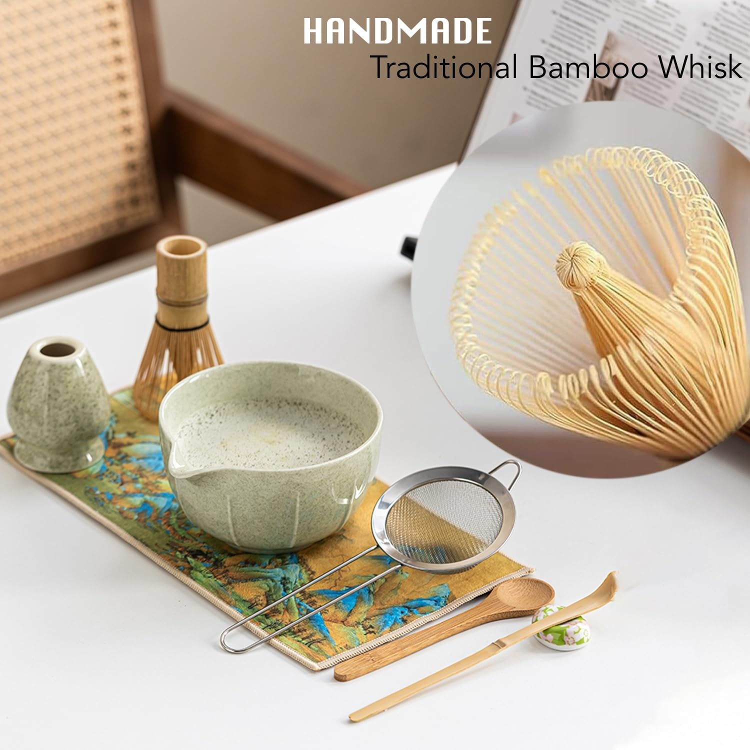 HJB VISSO Matcha Whisk Set - 8PCS Japanese Matcha Tea Kit for Traditional Tea Ceremony, Japanese Tea Making Tools with Whisk, Ceramic Bowl, Scoop,Tea Mat, Classic Green image number 1