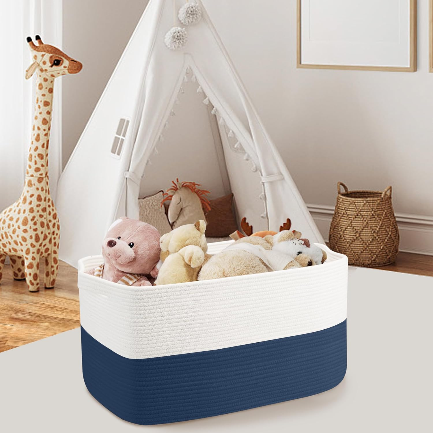 MEGASKET Extra Large Rectangle Rope Basket, 23.6" X 15.7" X 14.1" Kids Room Toy Stuffed Animals Basket Box Organization, Towel Storage Basket, Baby Clothes Basket, Living Room Storage Bin, Dark Blue - Brown image number 6