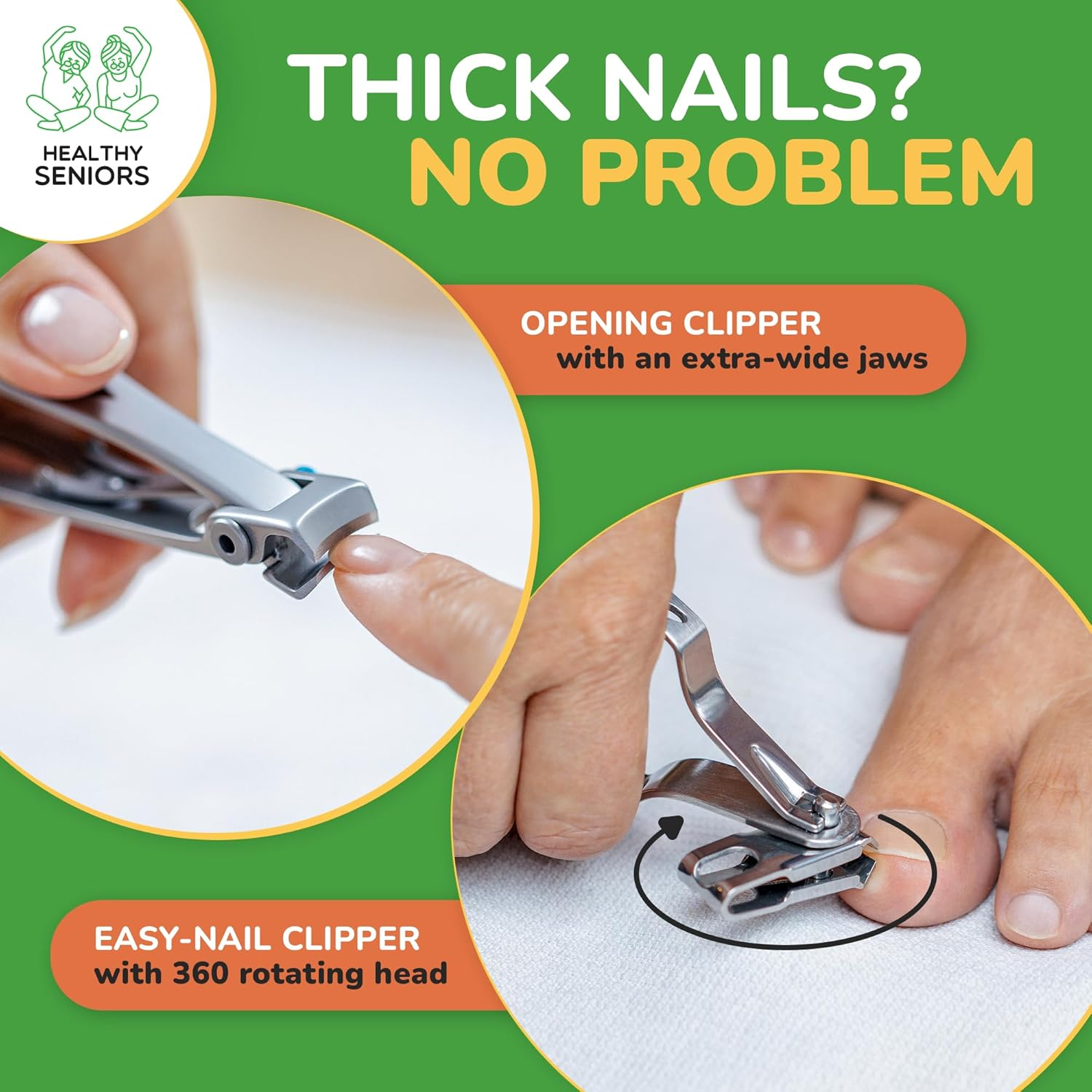 Healthy Seniors Nail Clippers Set, Easy Grip 360 Rotary Fingernail Clipper, Sharp Heavy Clippers for Thick Nails. Perfect for Diabetics or Seniors Suffering from Arthritis (3 Pieces) image number 1