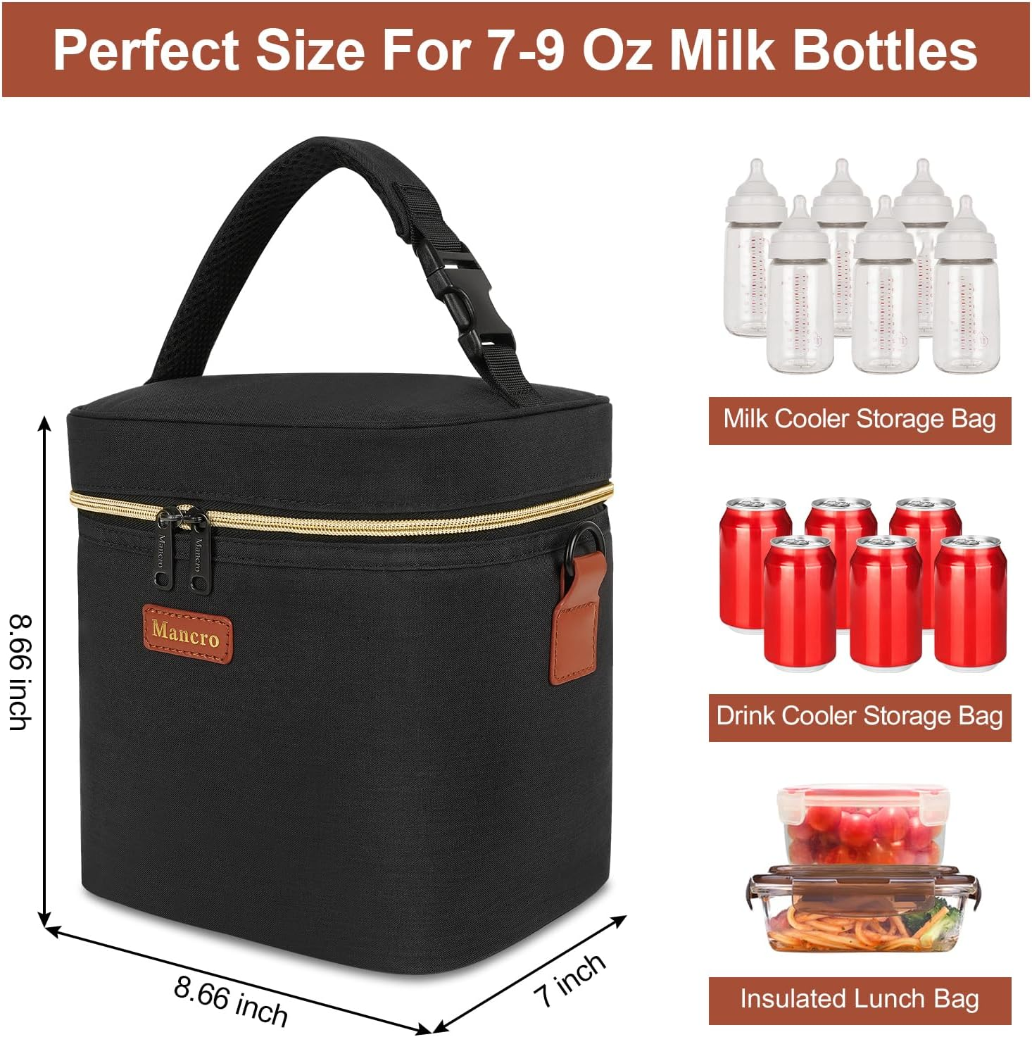 Mancro Breastmilk Cooler Bag with Ice Pack, Fits 6 Baby Bottles up to 9 Ounce Insulated Baby Bottle Bag, Breast Milk Cooler on the Go with Strap, Bottle Storage Bag for Nursing Mom Daycare, Black image number 5