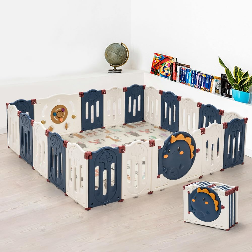 Playpals Foldable Baby Playpen, 20 Panels Baby Play Pen for Babies and Toddlers, Indoor Outdoor Kids Activity Centre, Safety Play Yard with Adjustable Shape for Toddlers(Blue + White)