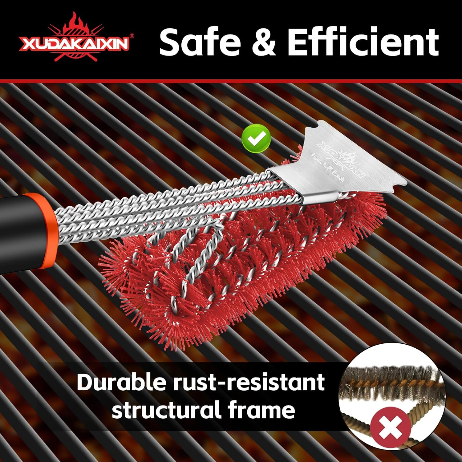 Grill Brush and Scraper, Safe Nylon Bristles Barbecue Triple Scrubbers Cleaning Brush for Cast Iron Grates/Porcelain/Weber Gas/Charcoal Grill，Extra Strong BBQ Cleaner Accessories (Red) - Black image number 6