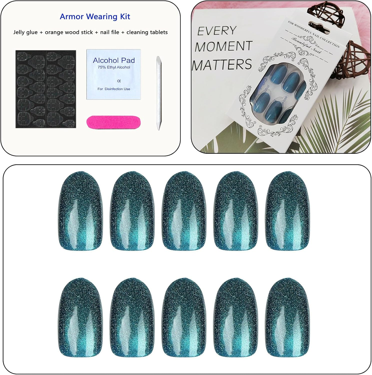 Xenophoer Short Press on Nails Oval Blue Cat Eye Fake Nails Acrylic Glue on Nails with Silver Glitter Designs Nails Press Ons for Women Daily Wear 24 Pcs image number 6