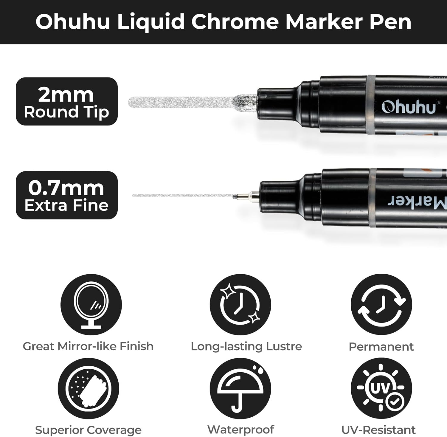 Ohuhu Chrome Paint Pen 3 PCS: Silver Liquid Chrome Markers with Gloss Mirror Water-Proof Lightfast Permanent Paint Markers for Repairing Metal Glass Plastic Car Tire DIY Crafts image number 1