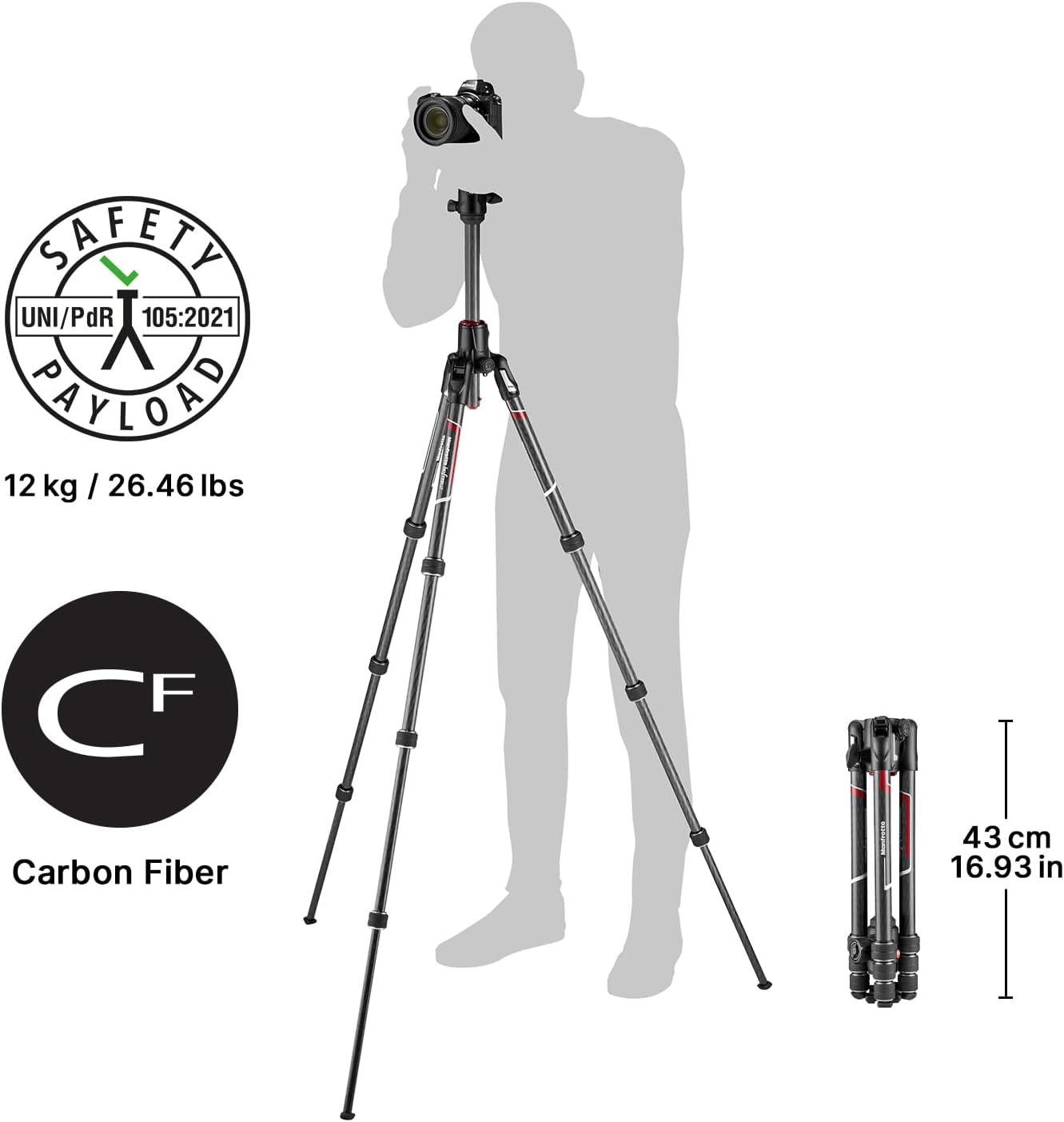 Manfrotto Befree GT XPRO Carbon Tripod - 496 Centre Ball Head - M-Lock System - 90 Degree Column - 200PL-PRO Plate - for Dslrs and CSC with Long Lenses - Macro Photography - MKBFRC4GTXP-BH, Black