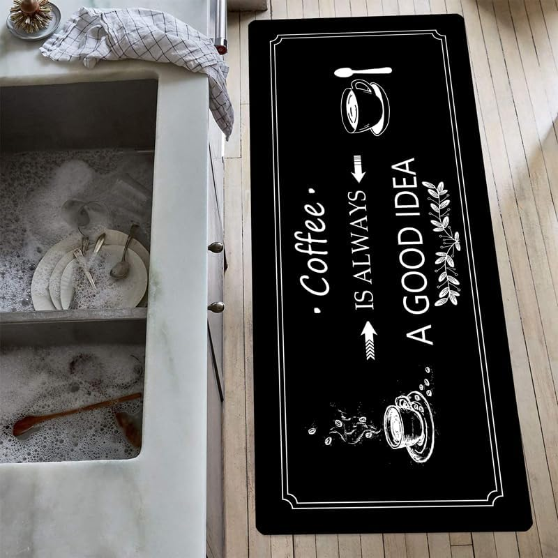 2PCS Kitchen Rugs and Mats Set of 2, Non-Slip Absorbent Coffee-Themed Kitchen Floor Mat, Kitchen Mats Washable, 50Cm X 80Cm + 50Cm X 120Cm (Black, 50Cm X 80Cm + 50Cm X 120Cm)