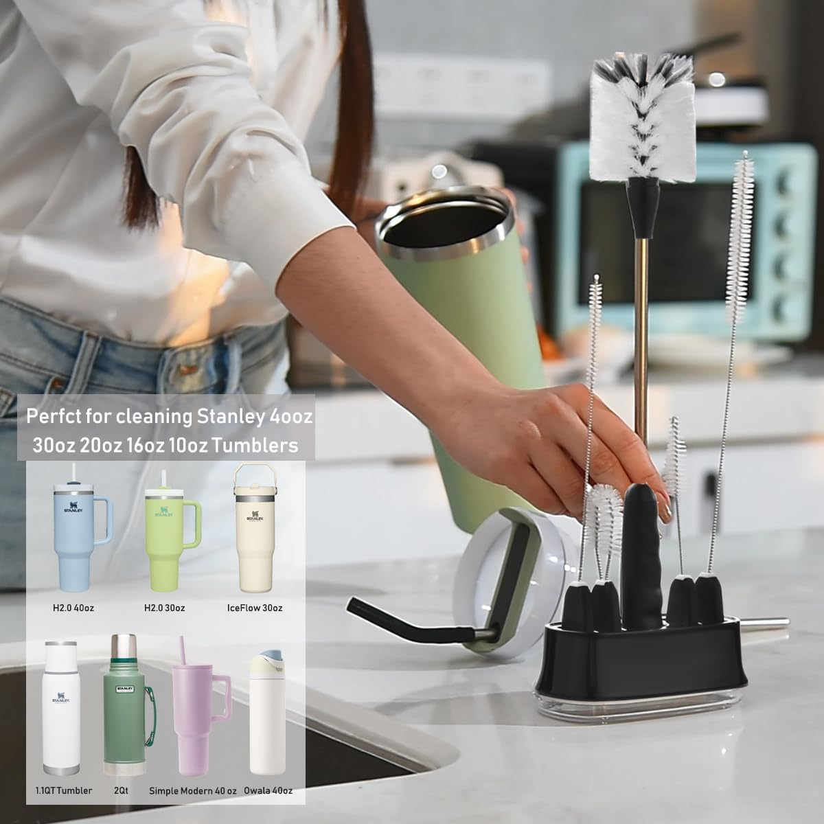 ALINK 5 Pack Water Bottle Brush Cleaning Set with Holder, Bottle Cleaner with Stand, Straw Brush, Nipple Brush, Lid Brush for Stanley 40OZ/30OZ Tumblers, Drinking Glass, Baby Bottles, Jugs - Black - Grey image number 7