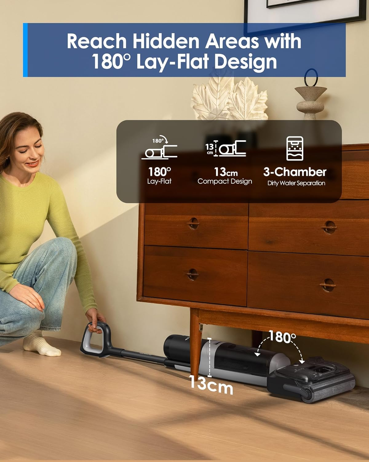 Tineco Floor ONE S6 Stretch Ultra Cordless Wet Dry Vacuum Cleaner, 180&deg;Lay-Flat Anti-Tangle Design, 50 Minutes Runtime, 85&deg;C Flashdry Self-Cleaning, Dual-Sided Edge Cleaning image number 6