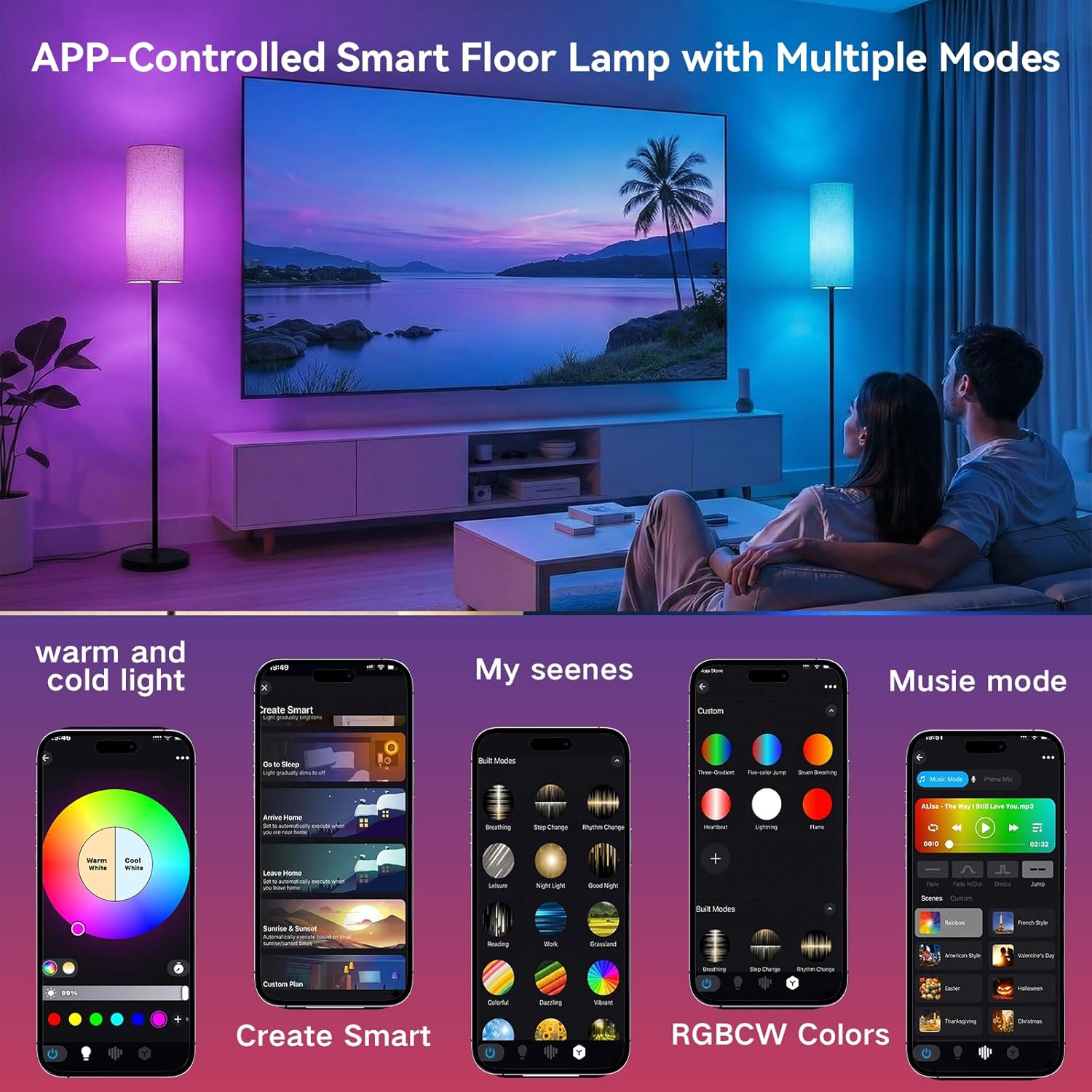 170Cm Smart LED Floor Lamp with APP Control & RGB Colors - Dimmable Standing Lamp for Living Room, Bedroom, Gaming - Remote, Timer, 9W Bulb Included image number 3