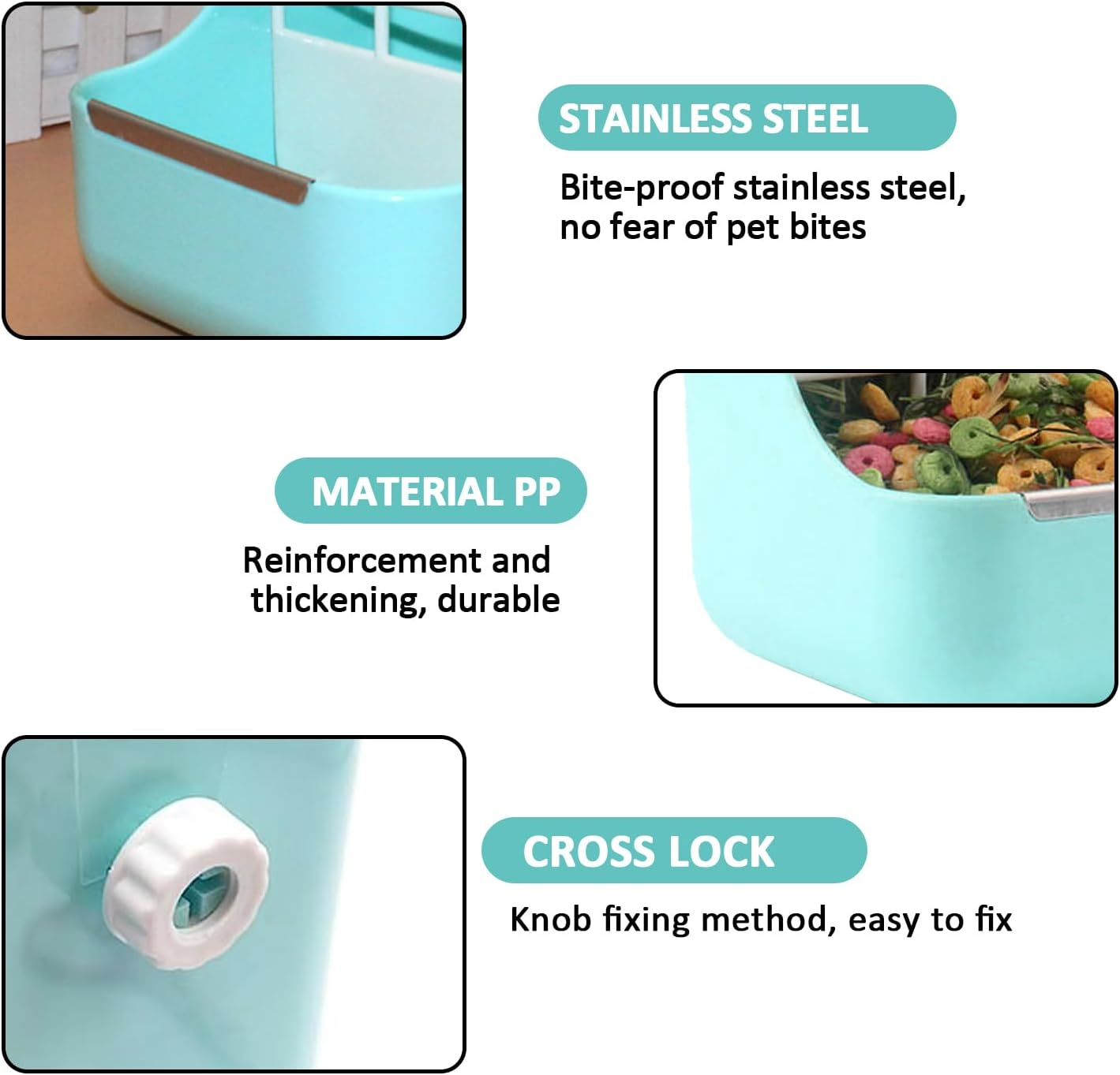 Rabbit Feeder and Water Dispenser Set, Hanging Hay Food Bin, 2 in 1, Food Bowl for Bunny, Chinchillas, Guinea Pigs and Other Small Animals, Keep Hay and Pellet Organized (Blue) image number 1