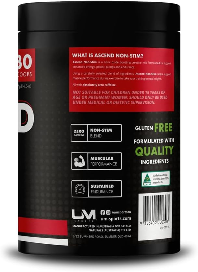 UM Sports Ascend Non-Stim Pre-Workout - Nitric Oxide Boost, Enhanced Endurance & Pump - No Caffeine - Preworkout Supplement Drink for Men & Women (Watermelon Wonder, 30 Serve) image number 3