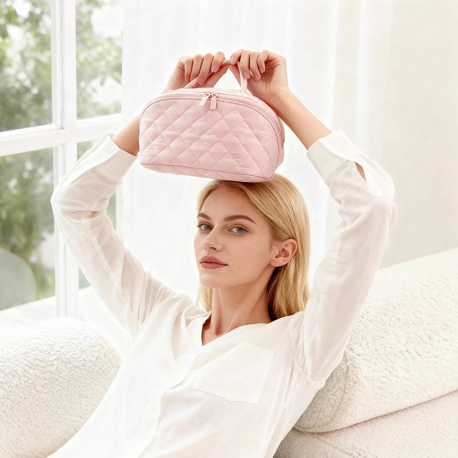 SZMDLX Waterproof Makeup Bag & Makeup Organizer - Travel Toiletry Bag, 180&deg; Lay-Flat Large Cosmetic Case, Puffy Padded Travel Organizer for Brushes & Cosmetics, Perfect Gifts for Women and Men（Pink） - Blue image number 6