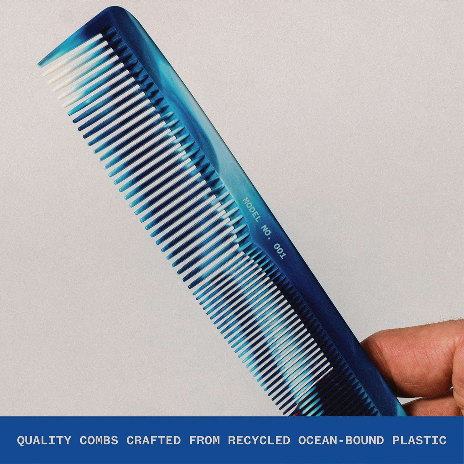 WAVEY Quality Hair Comb for Men and Women, Recycled Ocean Plastic, 7 Inches Length Perfect for Home and Travel, Wide and Fine Tooth for Thick, Thin, Wavy, Straight and Curly Hair Styling - BLUE