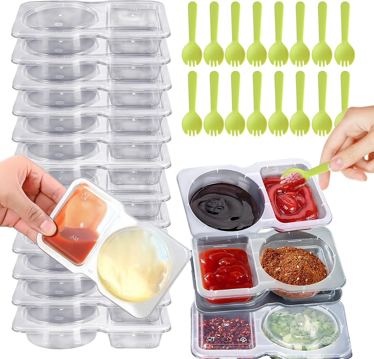 YARRAMATE 40PCS Double Compartment Snack Containers with Lids and Spoons, Condiment Snack Container for Cheese,Crackers,Fruit,Sauce, Leak-Proof Bpa-Free Plastic Packs for School,Office,Takeout image number 2
