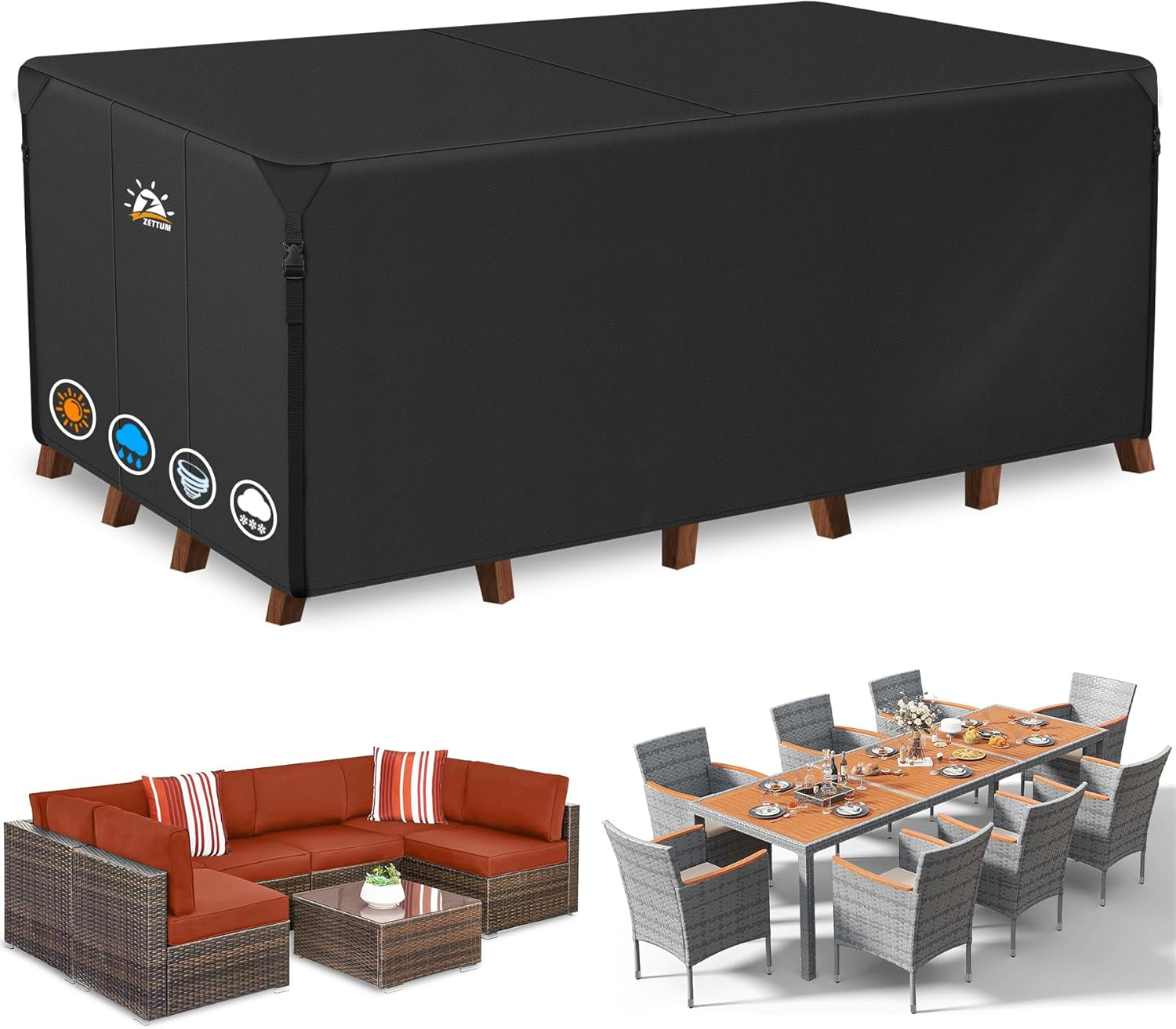 Zettum Patio Furniture Cover Rectangle - 600D Outdoor Table Cover Waterproof & Heavy Duty, Lawn Furniture Set Covers for outside Rectangular Dining Table and Chairs Seating Combo - 242 X 182 X 100 CM image number 5
