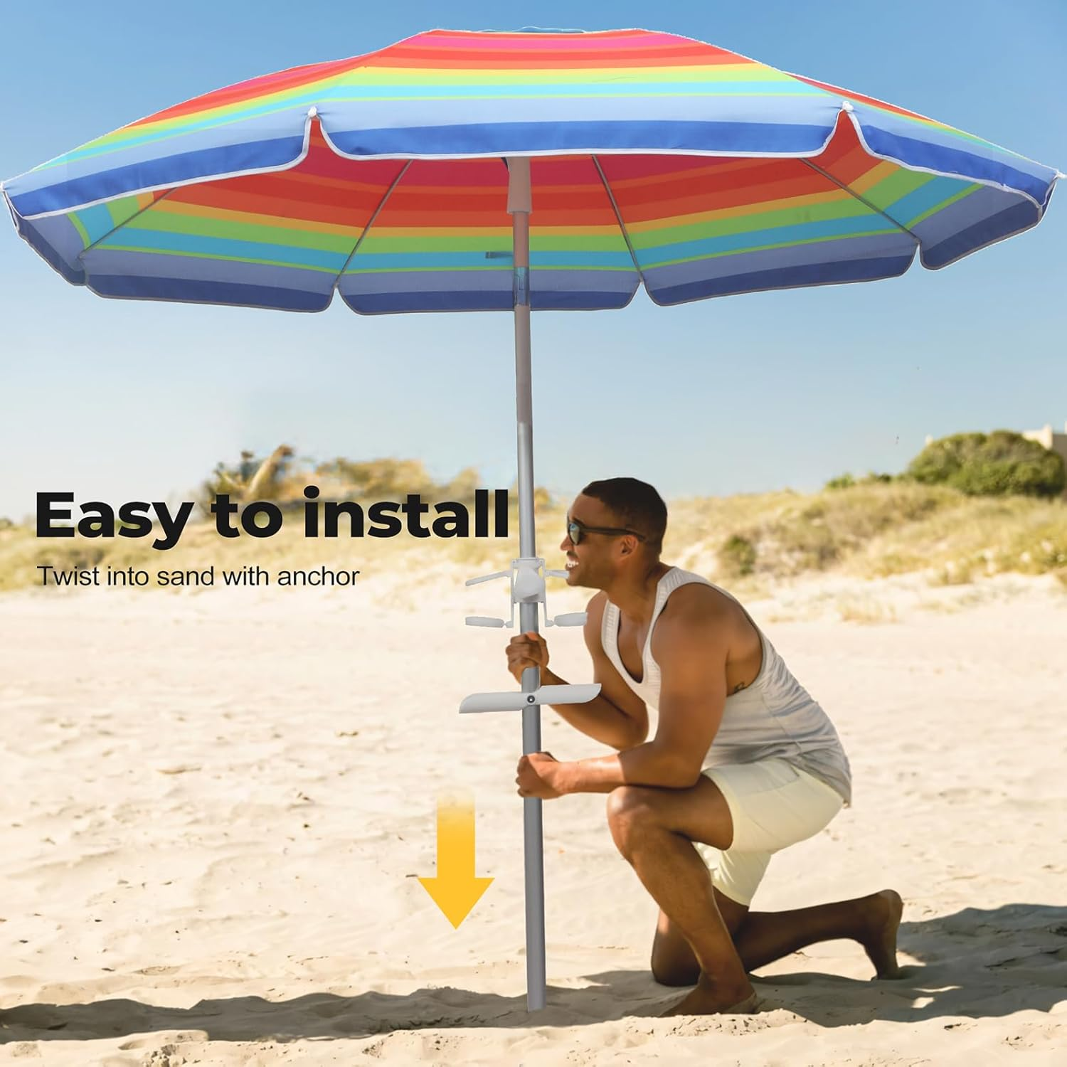 2M/2.2M Sand Beach Umbrella, Heavy Duty High Wind Parasols with Sand Anchor & Tilt Sun Shelter, UV 50+ Protection Outdoor Sunshade Umbrella with Carry Bag for Patio Garden Beach Pool Backyard Stripe image number 5