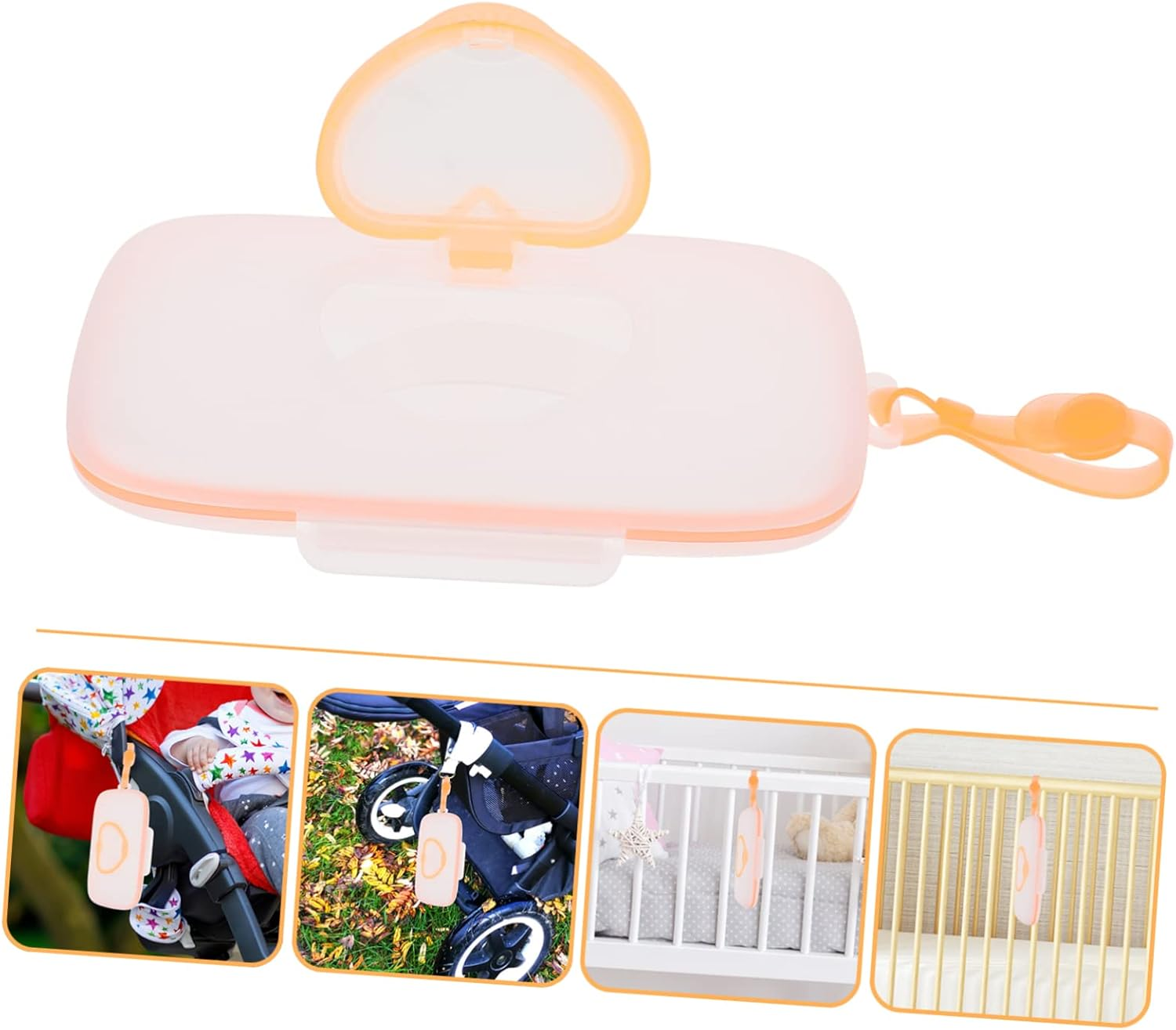 Portable Baby Wet Tissue Box Hanging Case Lid, White and Orange Infant Wipes Holder for Outdoor Travel and Home Use image number 1