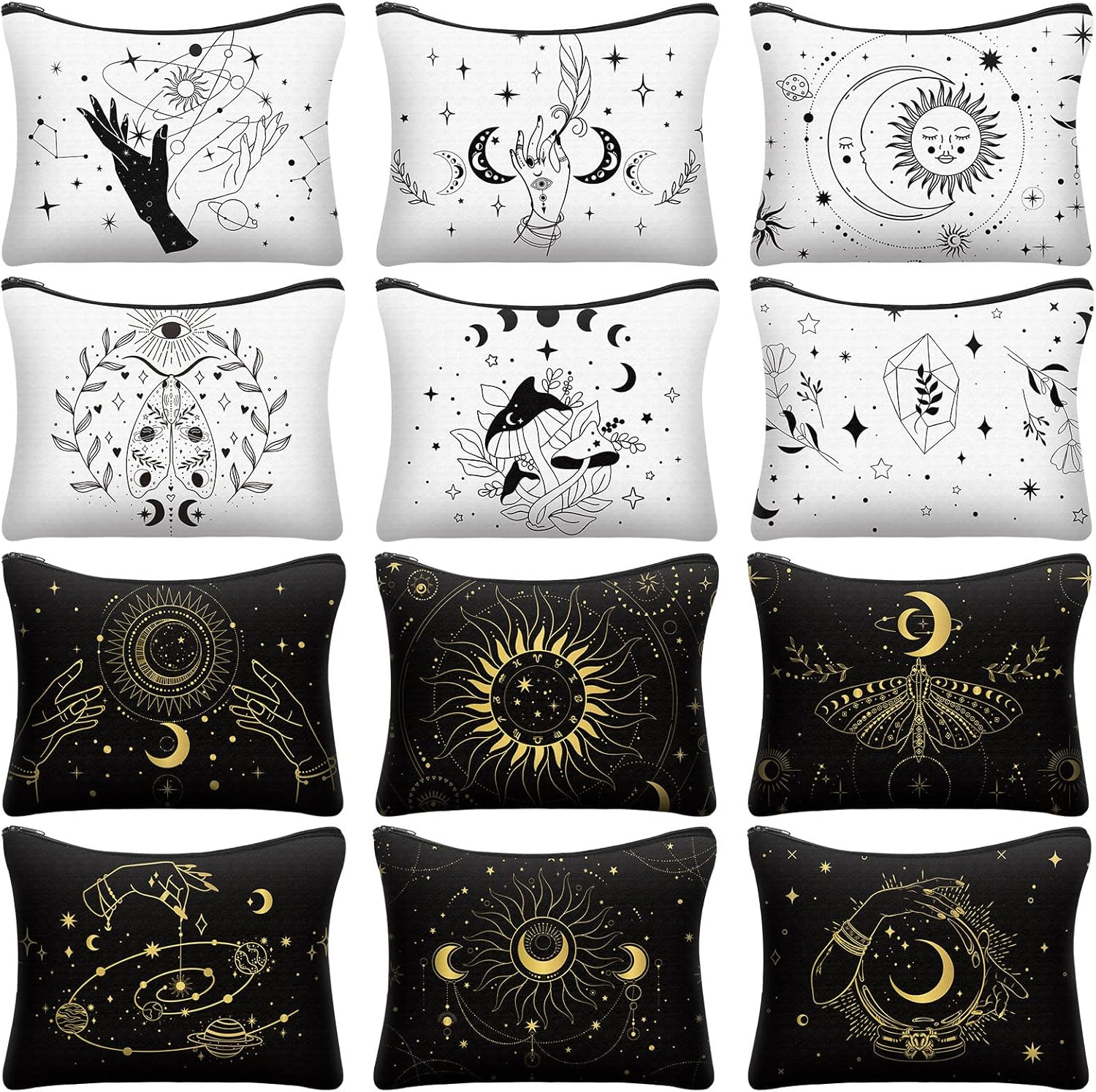 Amylove 12 Pieces Moon Zipper Pouch Bag Witch Tarot Cards Phase Bag Crystals Cosmetic Witchy Purse Toiletry Aesthetic Gothic Makeup Pouch for Women Girls, White and Black image number 4