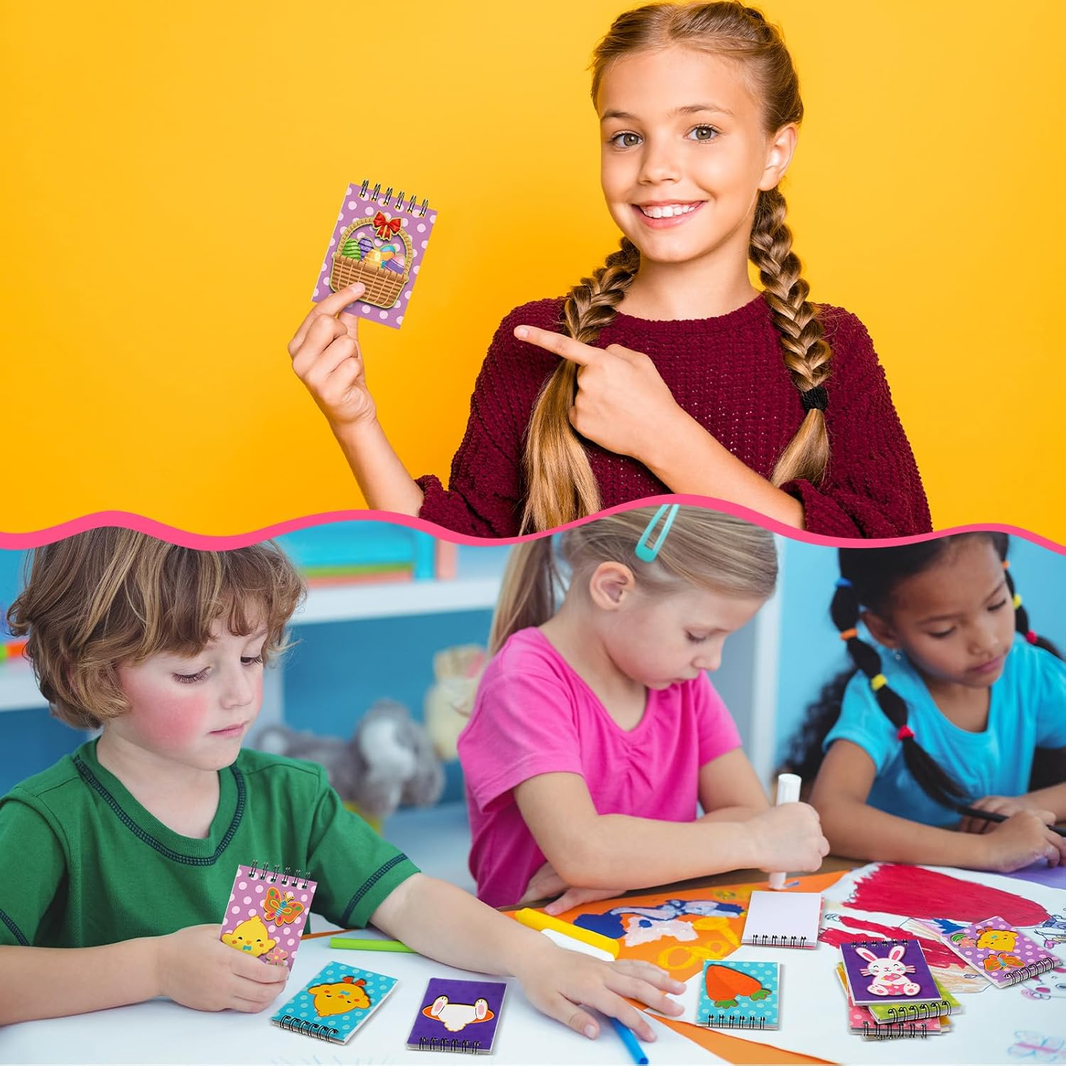 Yeaqee 72 Pcs Mini Spiral Easter Notepads Set for Kids Bulk Easter Egg Bunny Butterfly Chick Carrot Notebook Easter Egg Filler Blank Books for Easter Theme Party Prize School Classroom image number 1