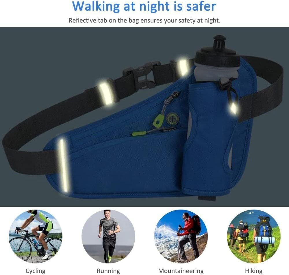 Lightweight Running Belt with Water Bottle Holder, Water Resistant Running Belts with Reflective Strips and Headphone Hole, Runner Belt & Workout Fanny Pack for Men, Woman, Kids (Blue)