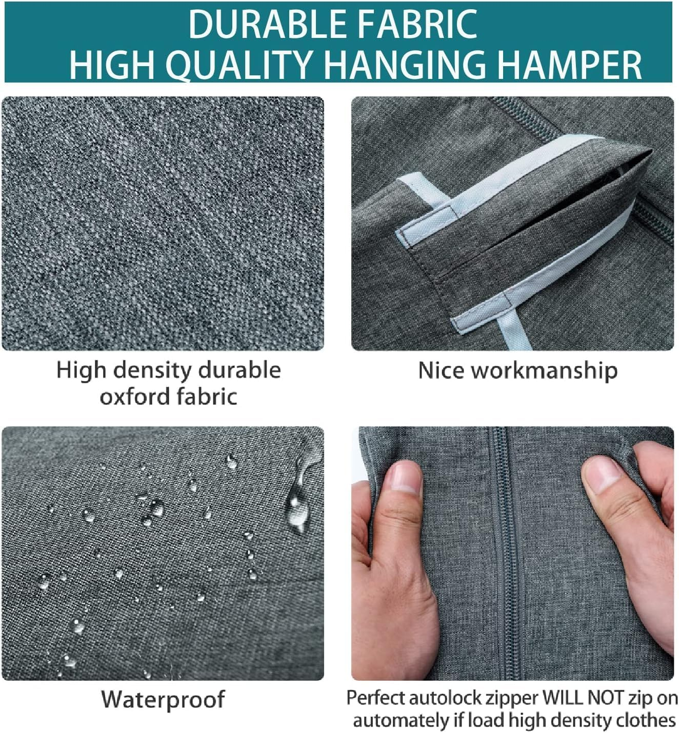 Space Saving Laundry Organizer -AUMA over the Door Hanging Laundry Hamper with 2 Stainless Steel Hooks, Oxford Fabric Large Size,Tested to Be Strong and Durable, Grey image number 3