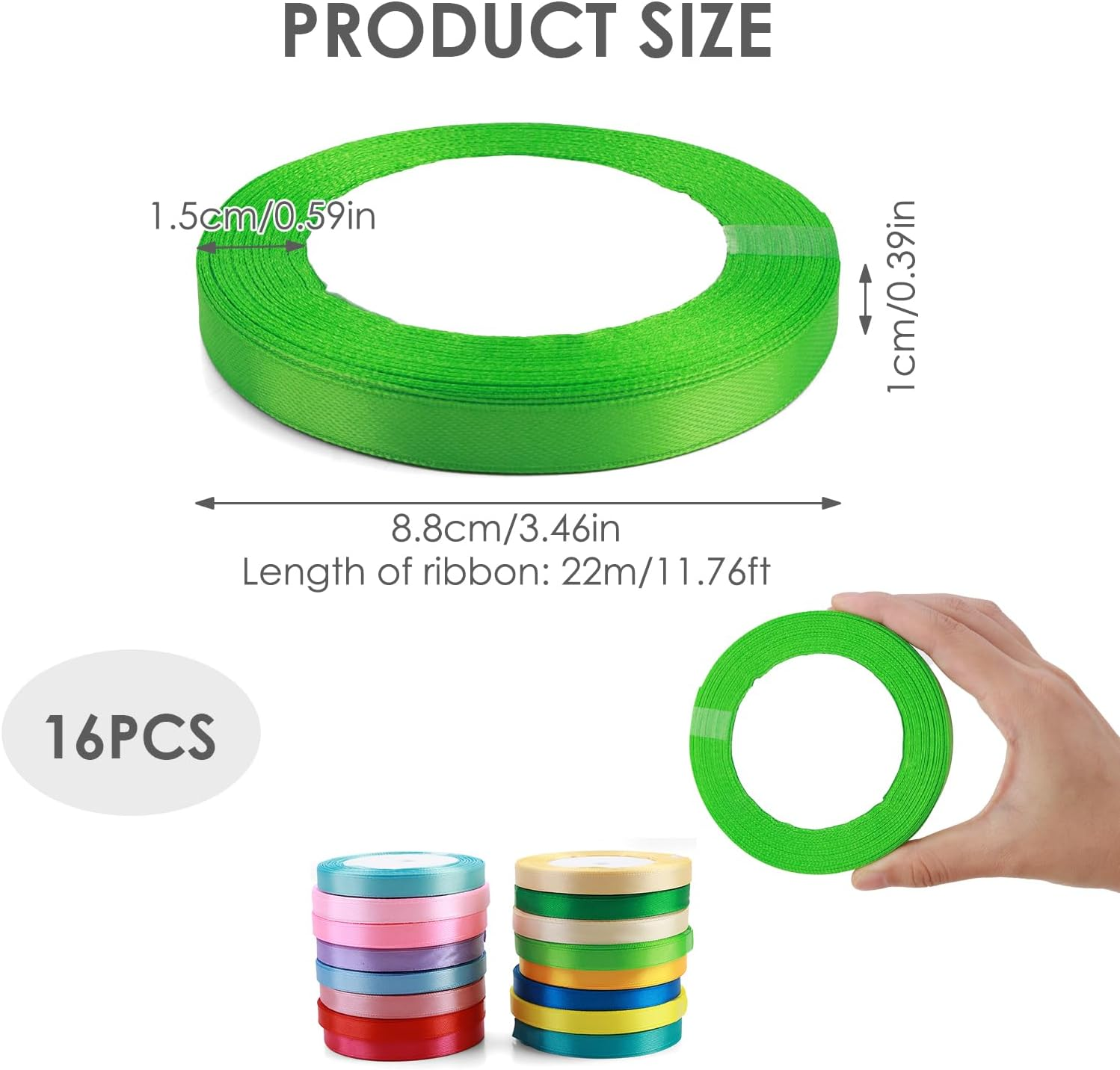 16 Colors Satin Ribbon Rolls - 1Cm Wide, 22M Each, Single-Sided Polyester Fabric, Ideal for Bows, Crafts, Gifts, Party and Wedding Decorations, Smooth and Luxurious, Embellish with Silk Satin Ribbon image number 6