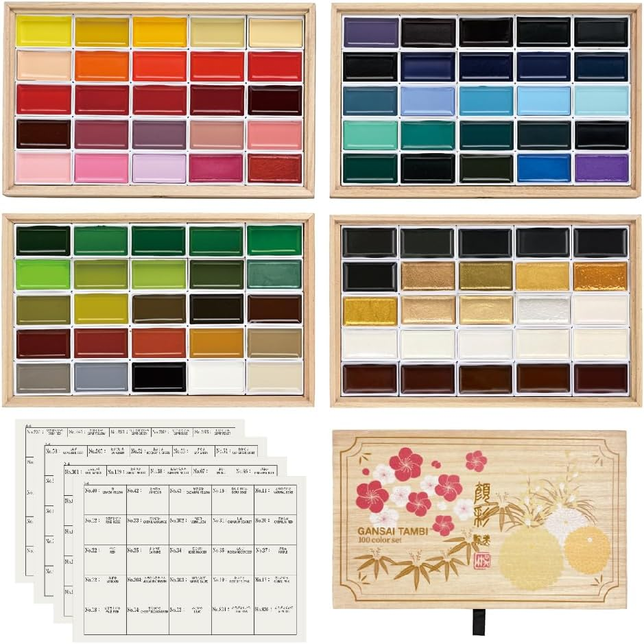 Kuretake GANSAI TAMBI 100 Colour Set, Beautiful Wooden Box, Watercolor Paint Set, Professional-Quality for Artists, Water Colors for Adult, Made in Japan MC20/100WD3