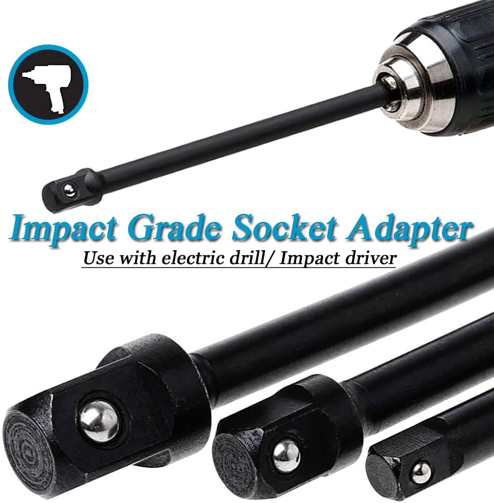 Bestgle 3 Pcs Long Impact Grade Socket Adapter, 150Mm Impact Wrench Socket Extension Bar 1/4 Inch Hex Shank to Square Socket Drill Bits 1/4" 3/8" 1/2" Square Drive for Power Drills & Impact Drivers image number 5