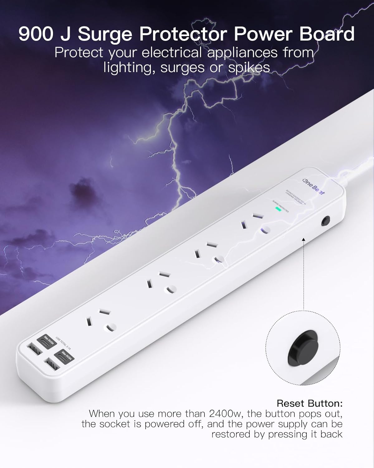 Power Board Surge Protected, 4 Widely Outlets with 4 USB Ports(2 USB a 2 USB C Charging Port), USB Power Board with 1.2M Extension Cord, 900J Surge Protection, Flat Plug, Wall Mount for Home Office image number 4