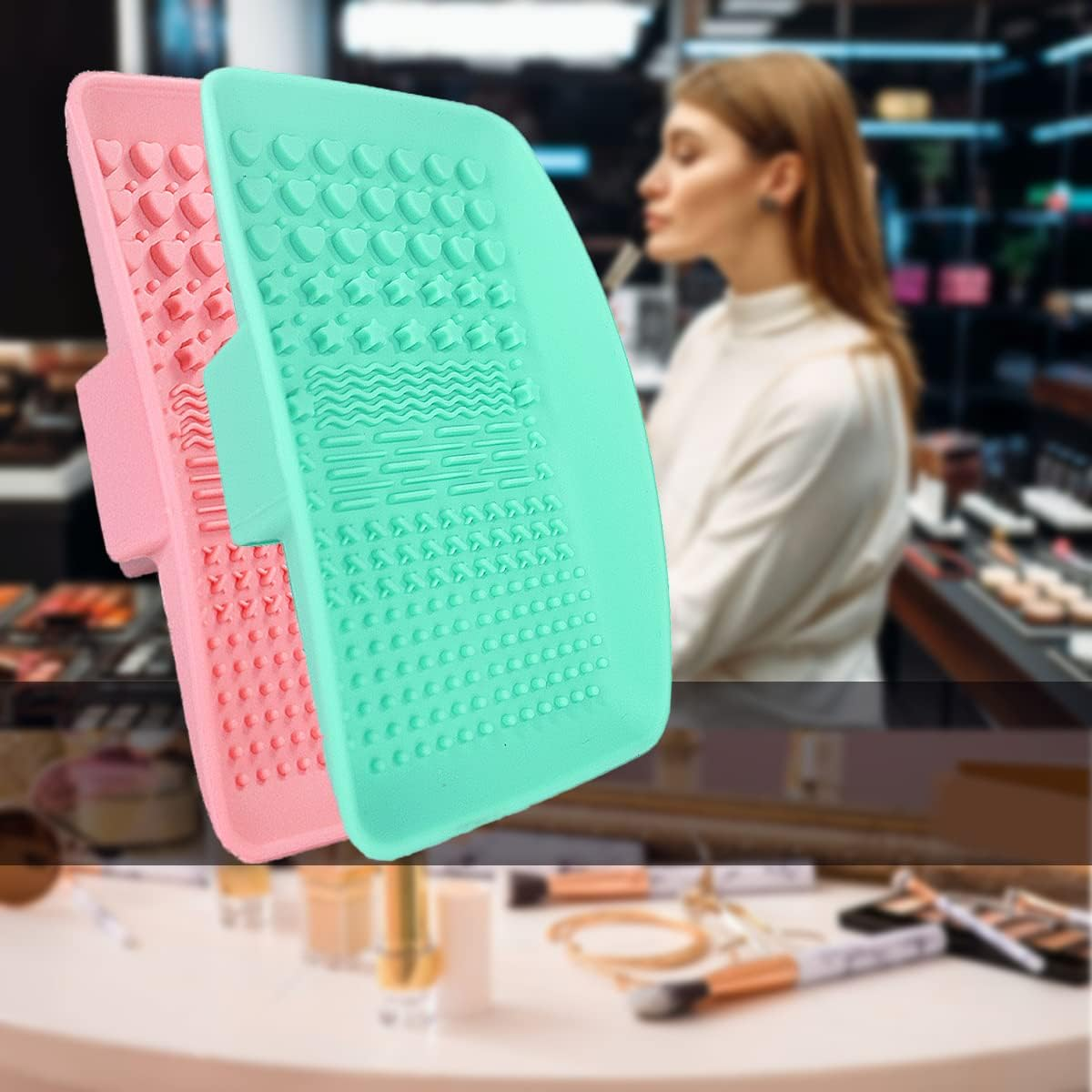 Makeup Brush Cleaning Mat, Silicone Make up Brush Cleaner Pad, Paint Brush Cleaner Tool with Back Strap, Portable Beauty Makeup Washing Tool Makeup Brushes for All Brushes (Pink+Green) image number 4