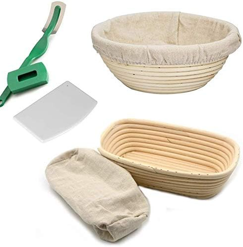 Banneton Bread Proofing Basket Set - Handmade 9 Inch round & 10 Inch Oval for Dough Rising Fermentation Baking with Dough Scraper Linen Liner Cloth Bread Lame