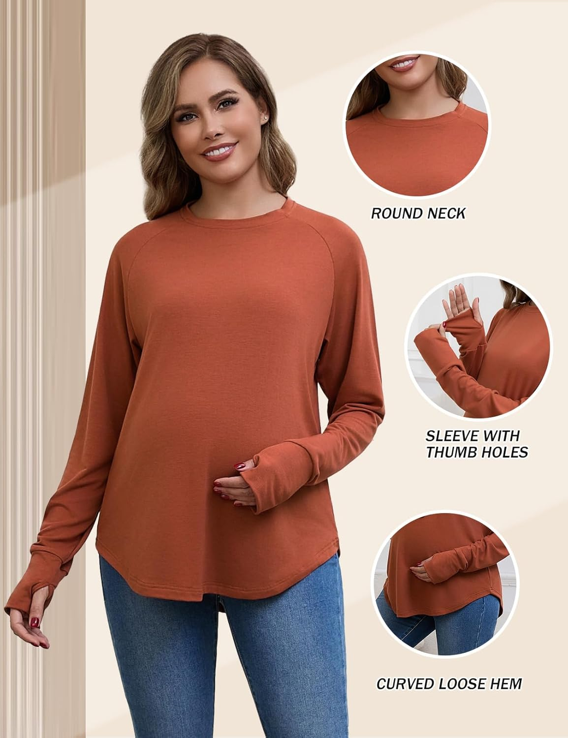 Bhome Maternity Shirts 3 Packs Long Sleeve Pregnancy Tops Loose Fit Casual Blouses with Thumb Holes