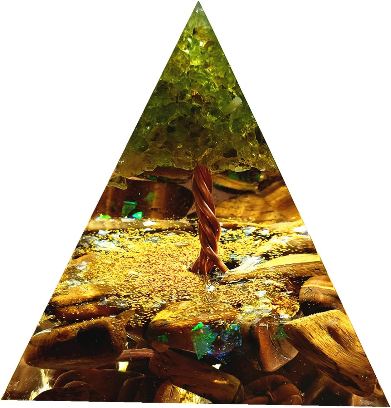 Peridot Tree of Life Orgonite Pyramid with Tiger Eye Stone Reiki Energy Generator Protection Crystal Healing Orgone Pyramids Collection image number 3