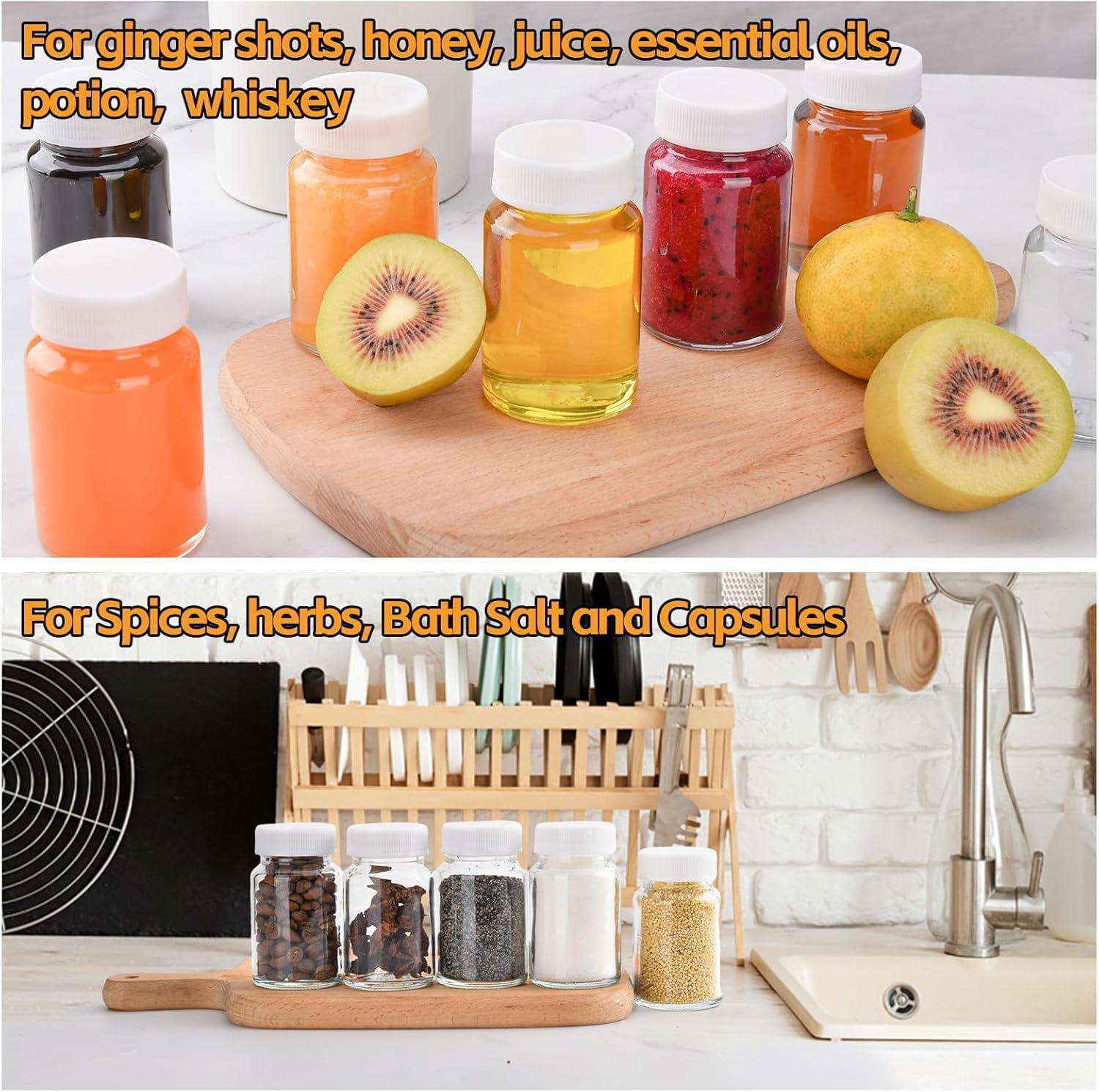 PENGQIMM 12 Pack Glass Shot Bottles with Lids,60 Ml Small Clear Glass Bottles Glasses Containers with Cleaning Brush & Labels Empty Clear, Airtight Juice Shot Bottles, Oils, Sauce, Medicine image number 5